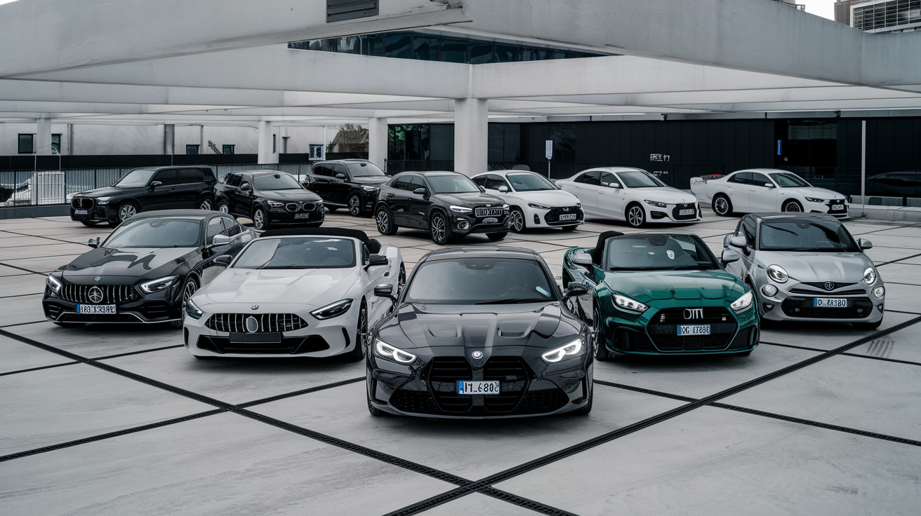 Illustration montrant différentes marques de voitures comme Mercedes, BMW, Audi, Fiat et Toyota avec des vitres teintées dans un parking moderne.