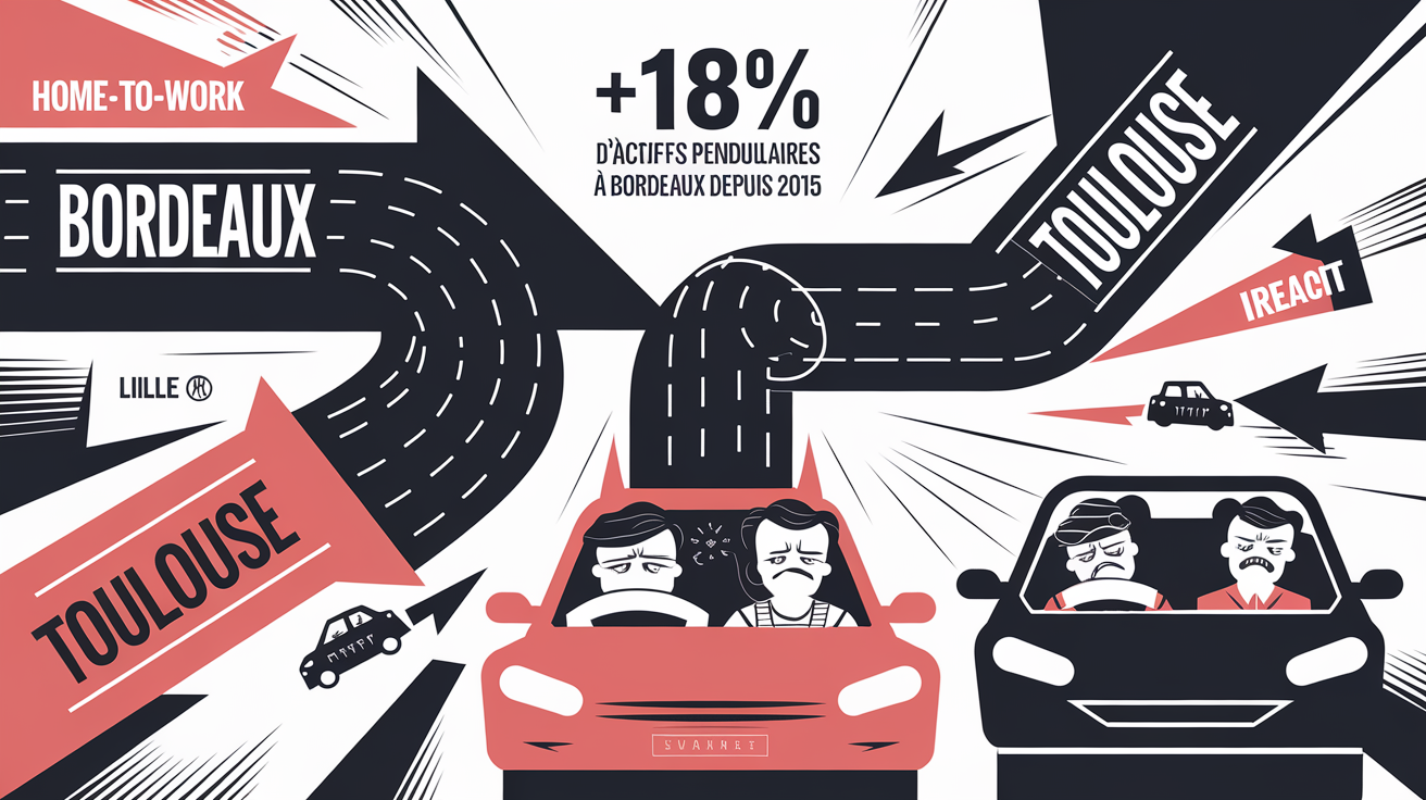 Graphique montrant l'augmentation du trafic pendulaire à Bordeaux, Toulouse et Lille (+18% d'actifs).
