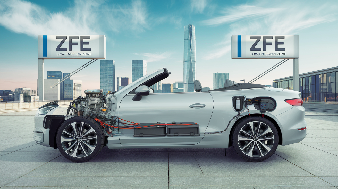 Voiture rétrofitée électrique avec zone ZFE en arrière-plan