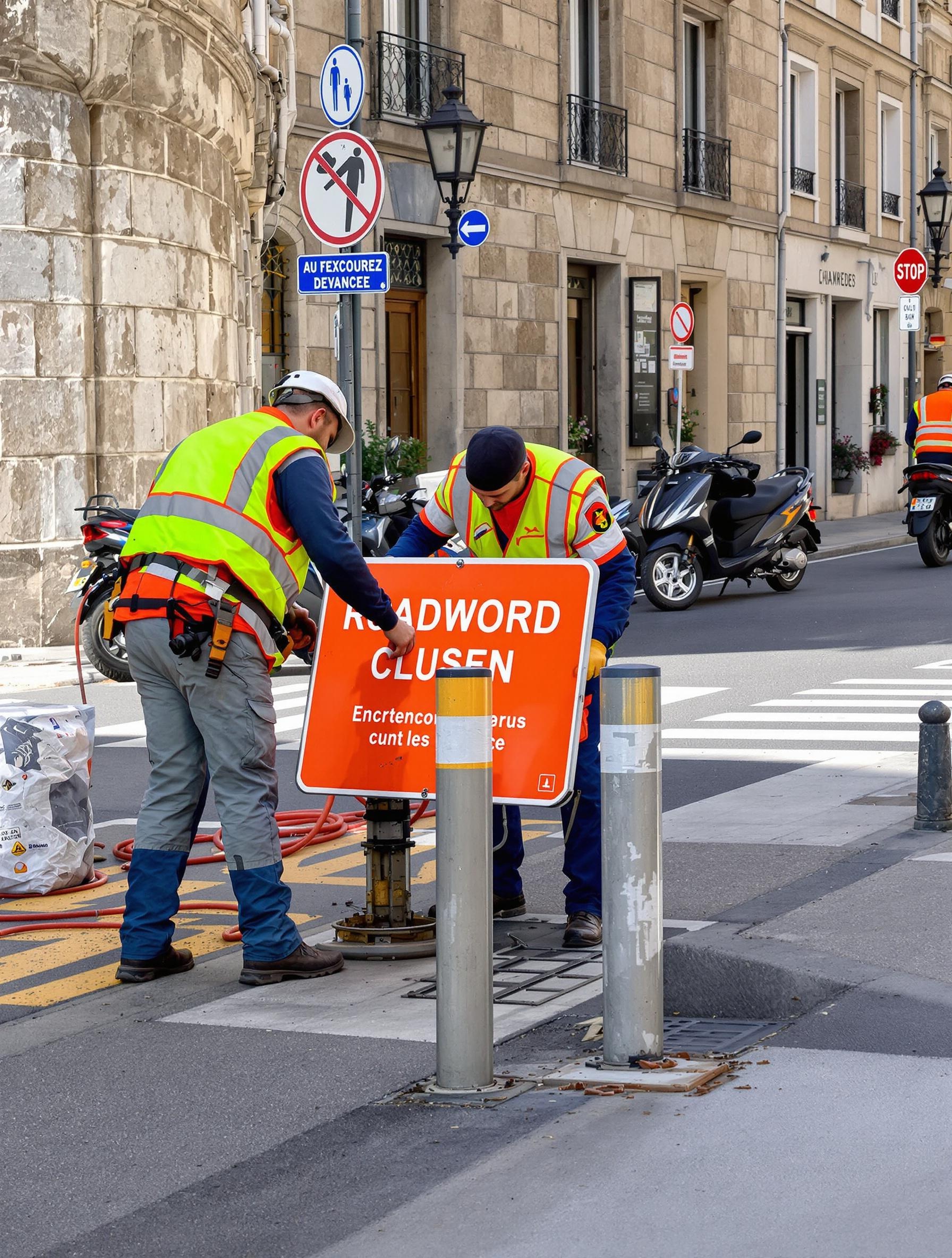 Installation borne anti-stationnement trottoir ouvriers panneau travaux