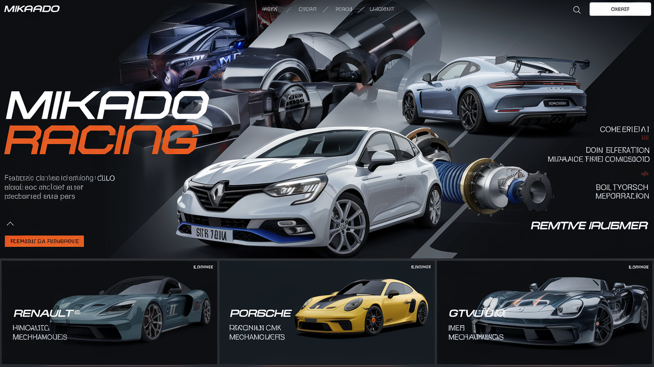 Interface de Mikado Racing montrant des annonces de véhicules et pièces techniques