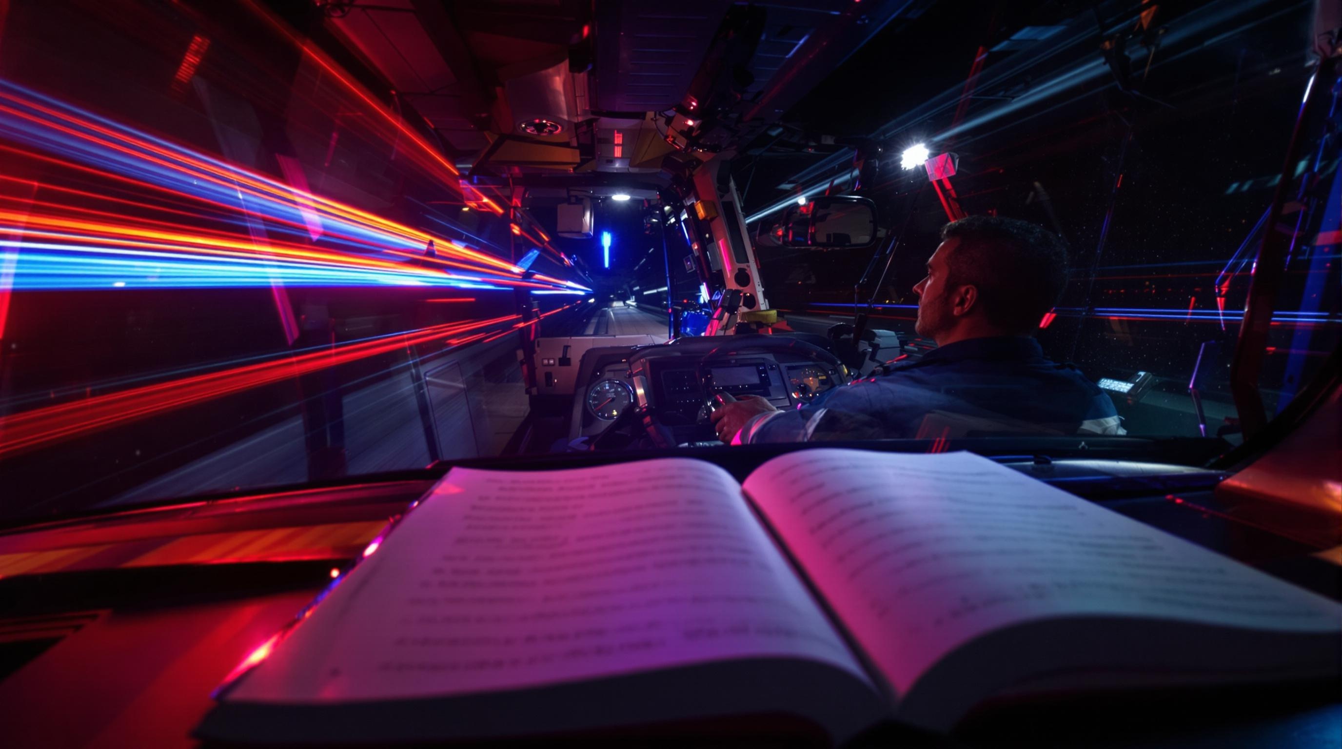 Ambulance en mission urgente, feux rouges et bleus dans la nuit, pilote concentré devant le code de la route.