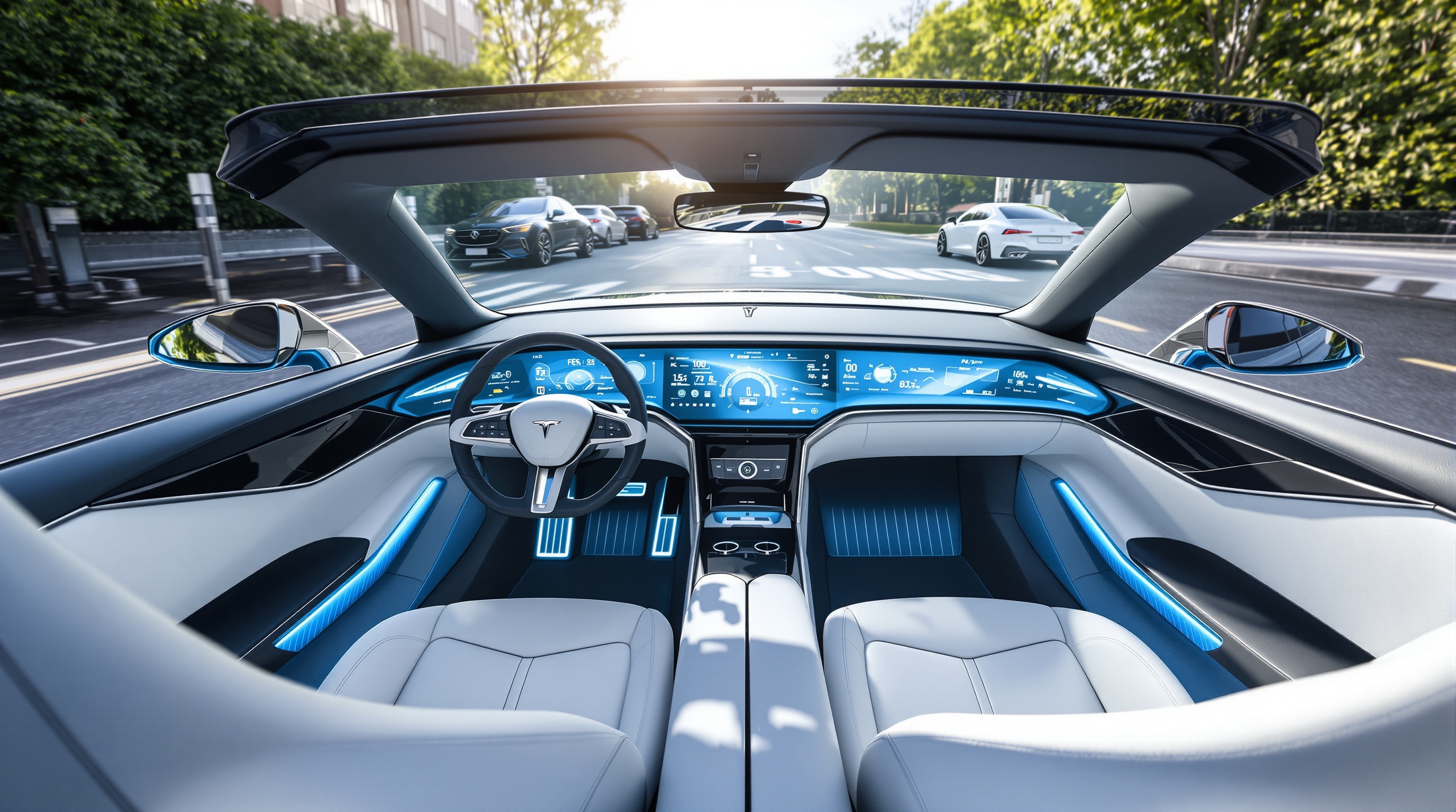 Vue intérieure cockpit virtuel cabriolet électrique capote ouverte