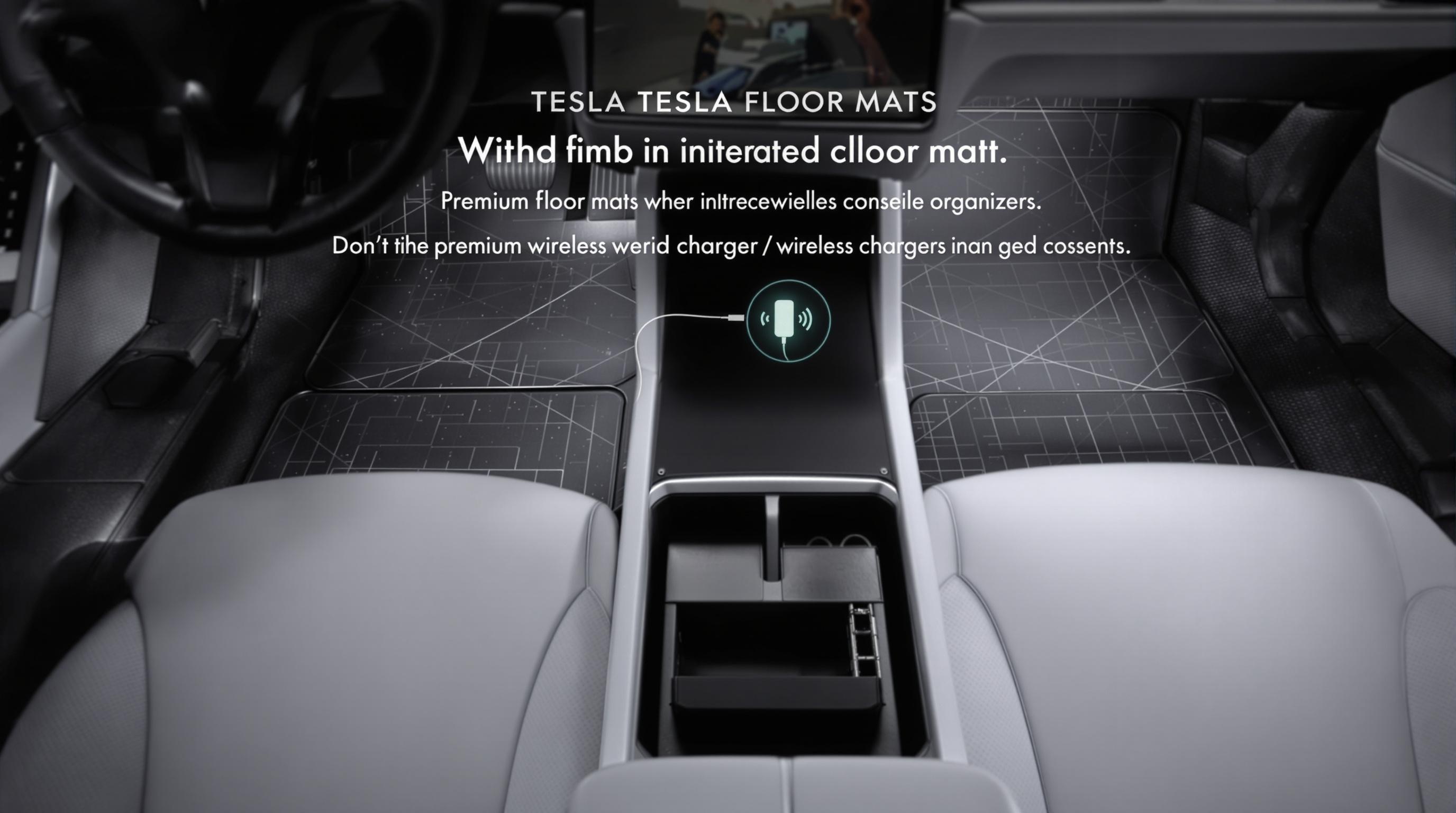 Intérieur d'une Tesla avec accessoires comme tapis et chargeur sans fil.
