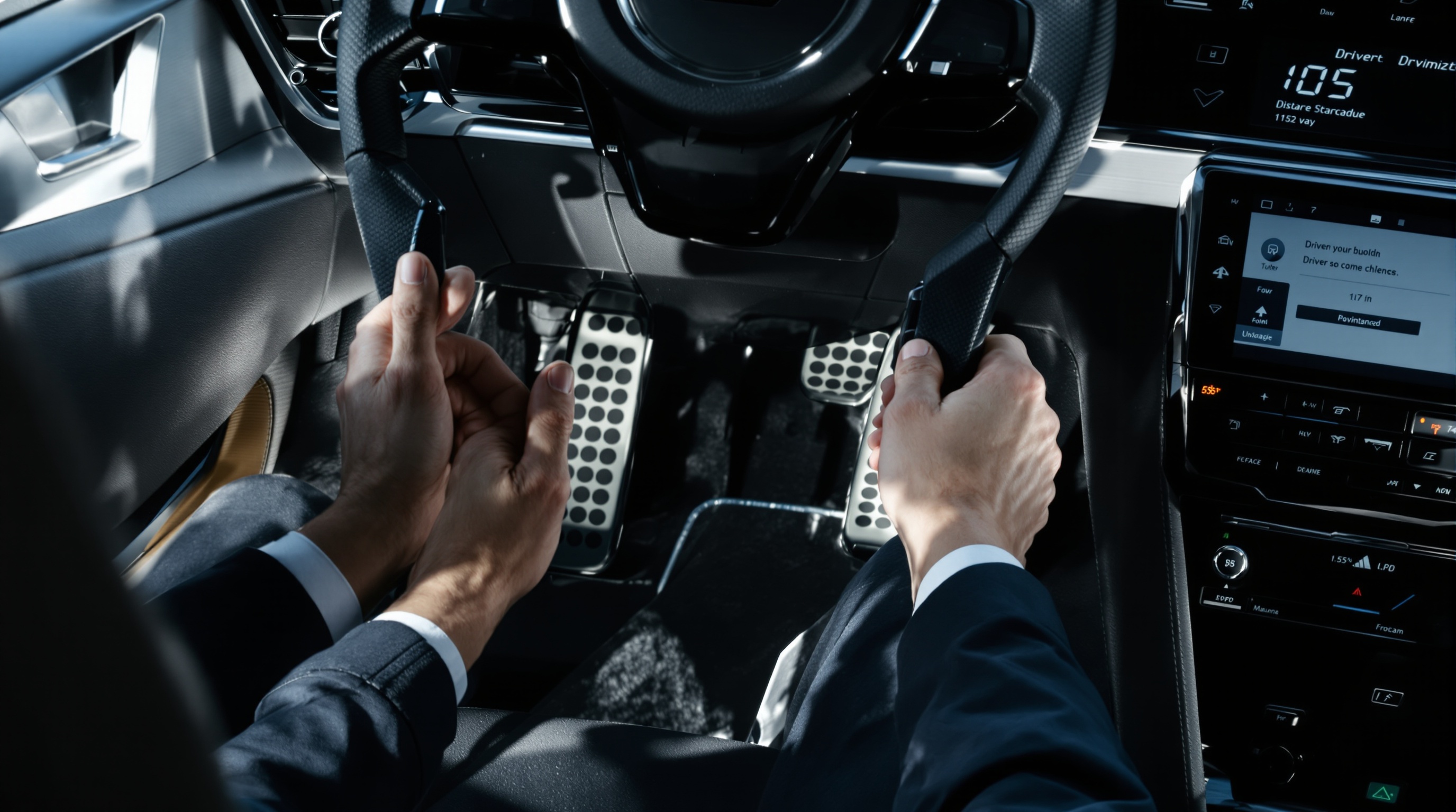 Vue intérieure d'une voiture d'auto-école moderne avec un double pédalier et les mains d'un moniteur guidant un élève sur le volant.