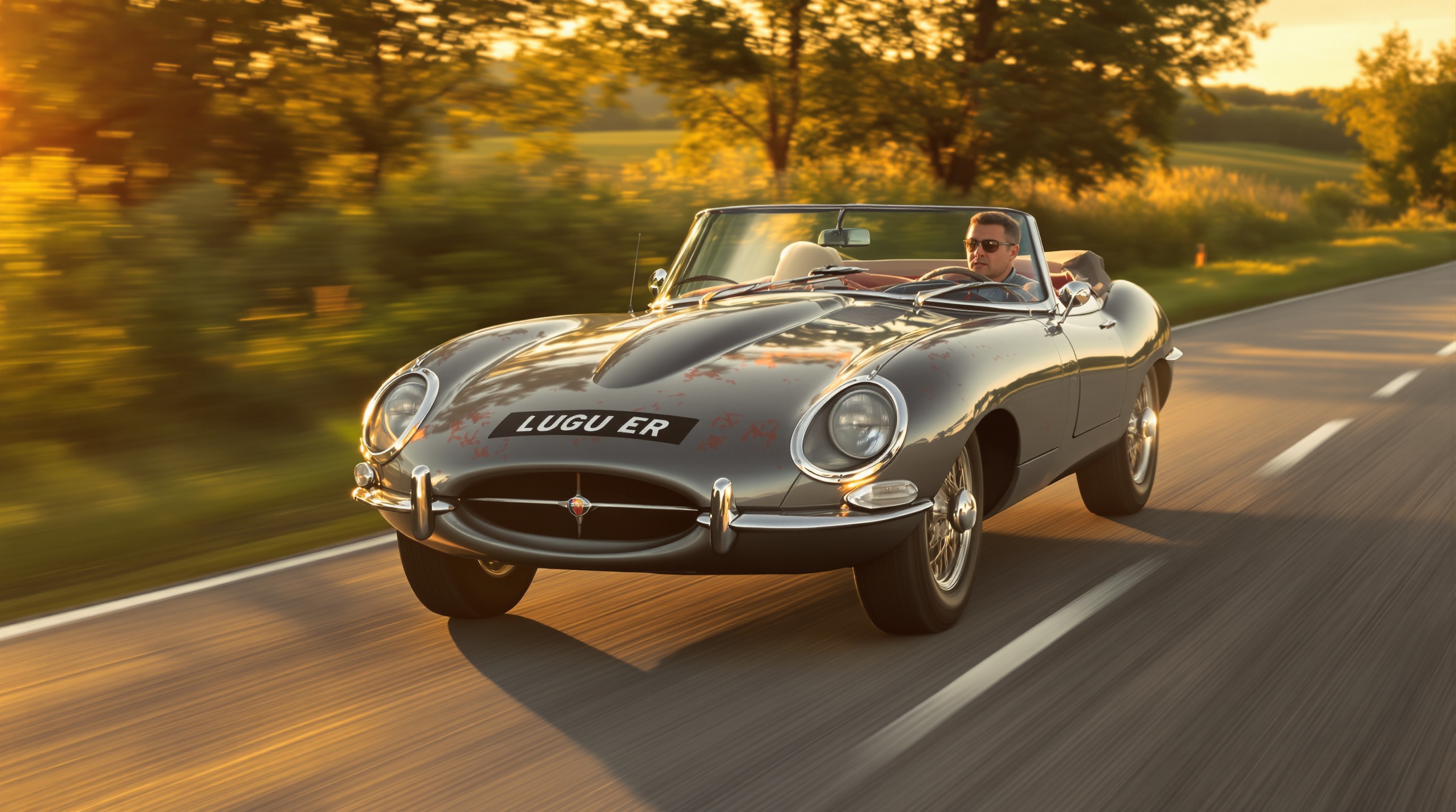 Jaguar Type E ancienne sur une route de campagne, lumière dorée, traces de patine