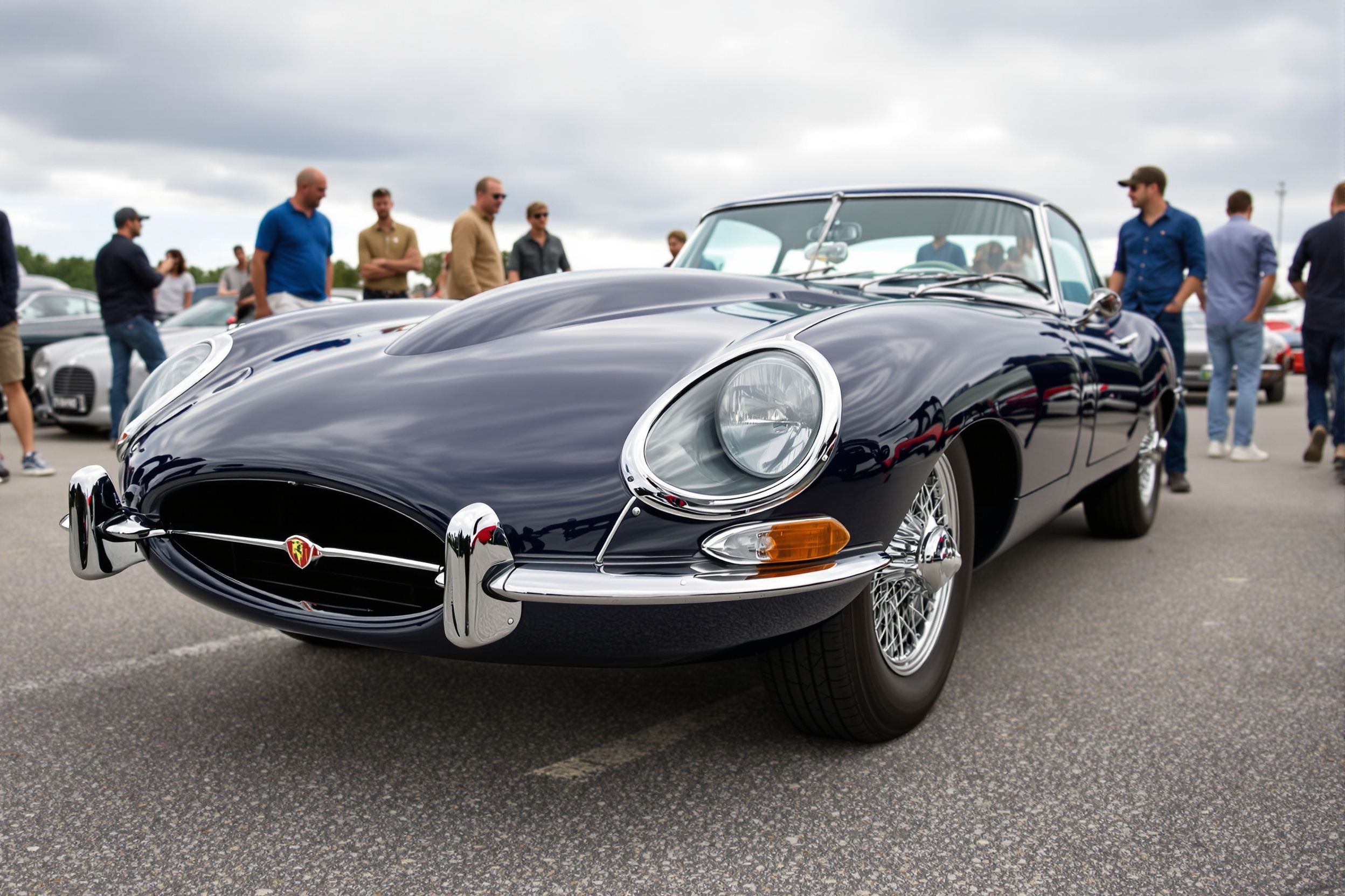 Jaguar Type E sur parking d'enchères collectionneurs