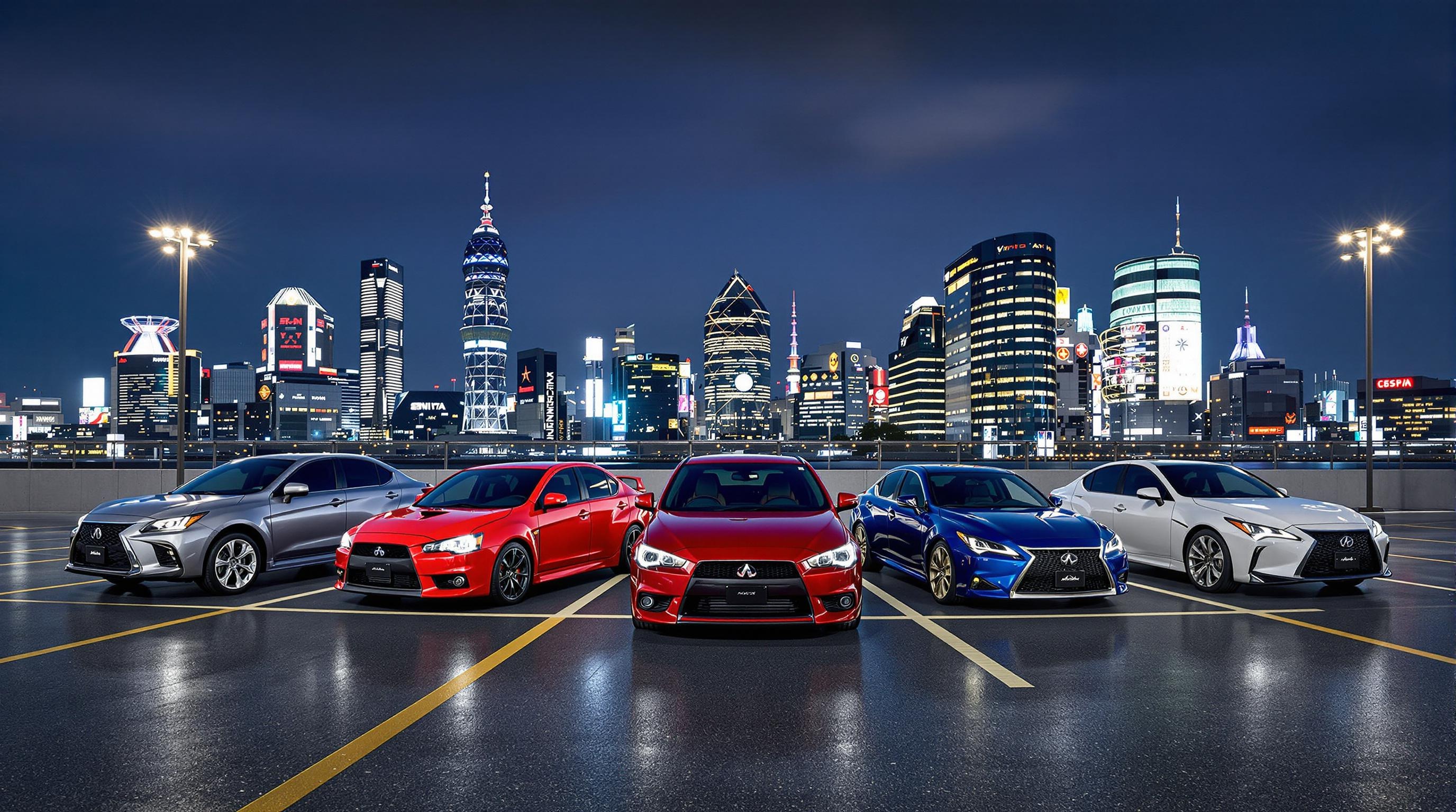 Modèles Mitsubishi, Suzuki, Subaru, Daihatsu, Infiniti, Lexus et Acura sur un parking à Tokyo