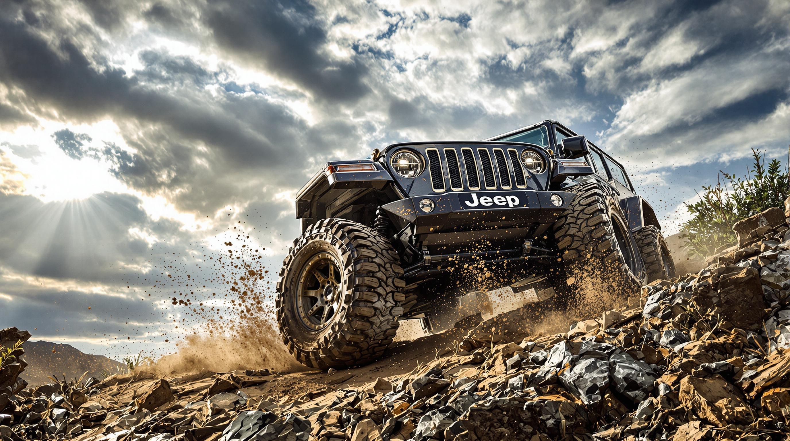 Jeep Wrangler emblématique franchissant un terrain accidenté