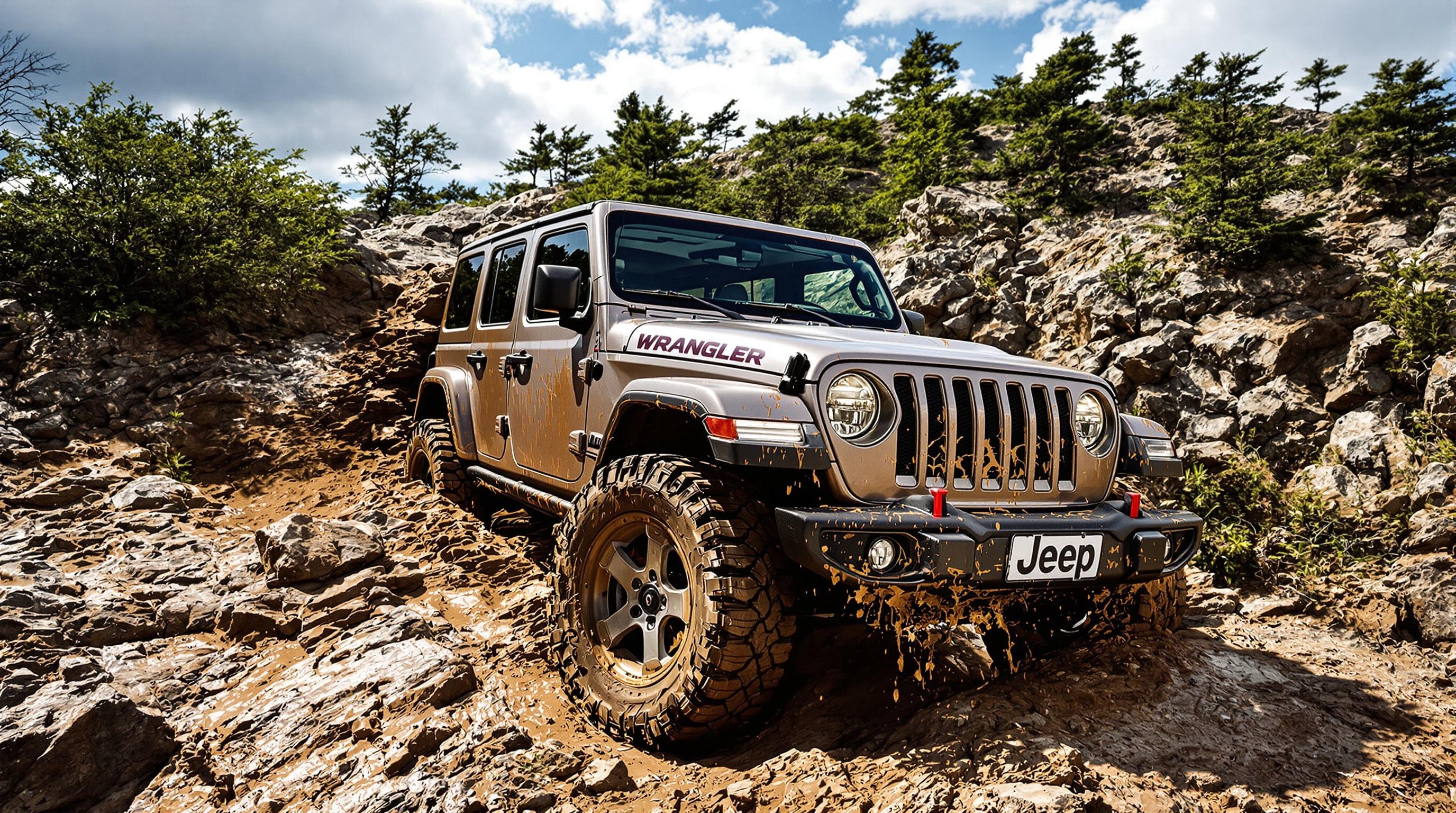 Jeep Wrangler authentique en action franchissant un obstacle
