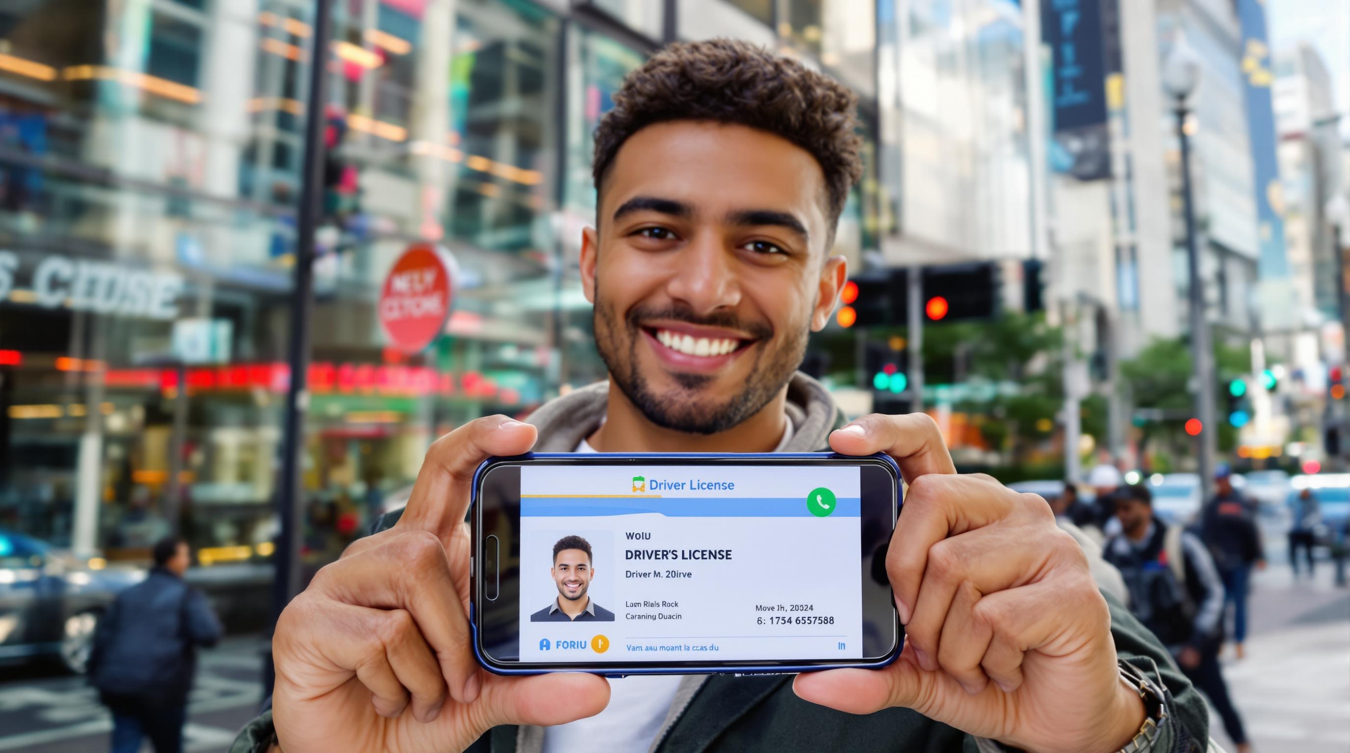 Un jeune conducteur montrant son permis numérique sur smartphone