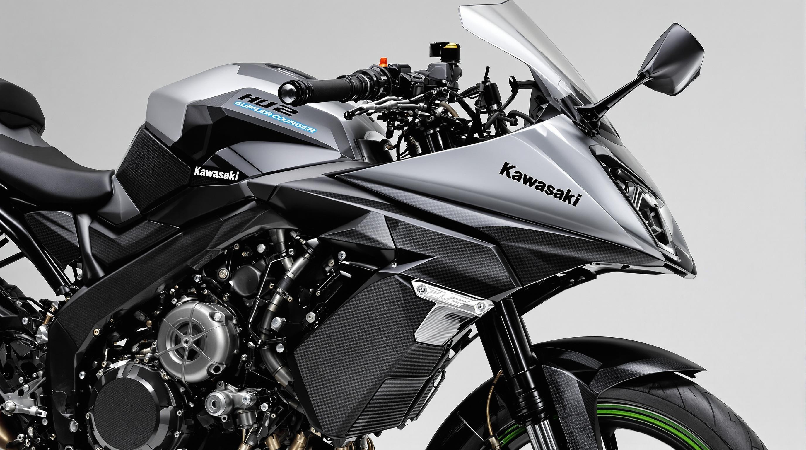 Kawasaki Ninja H2 vue studio 3/4 avant, détails carbone et compresseur
