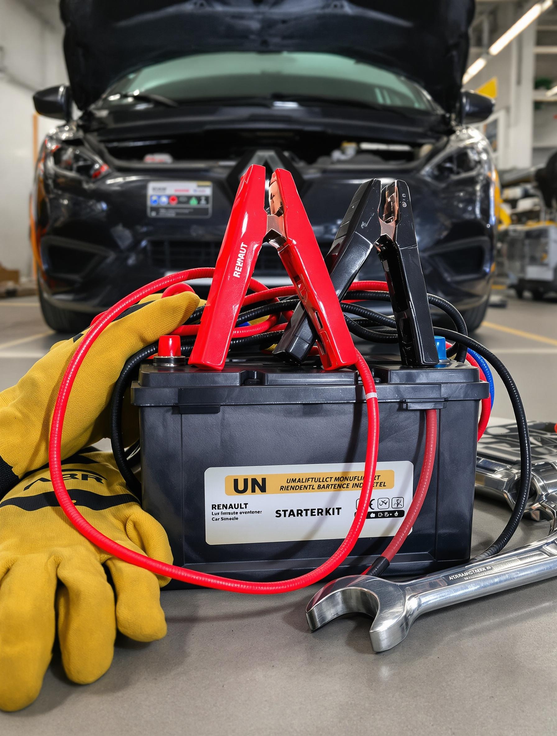 Kit de démarrage batterie voiture Renault : pinces crocodiles, gants isolants et clé plate