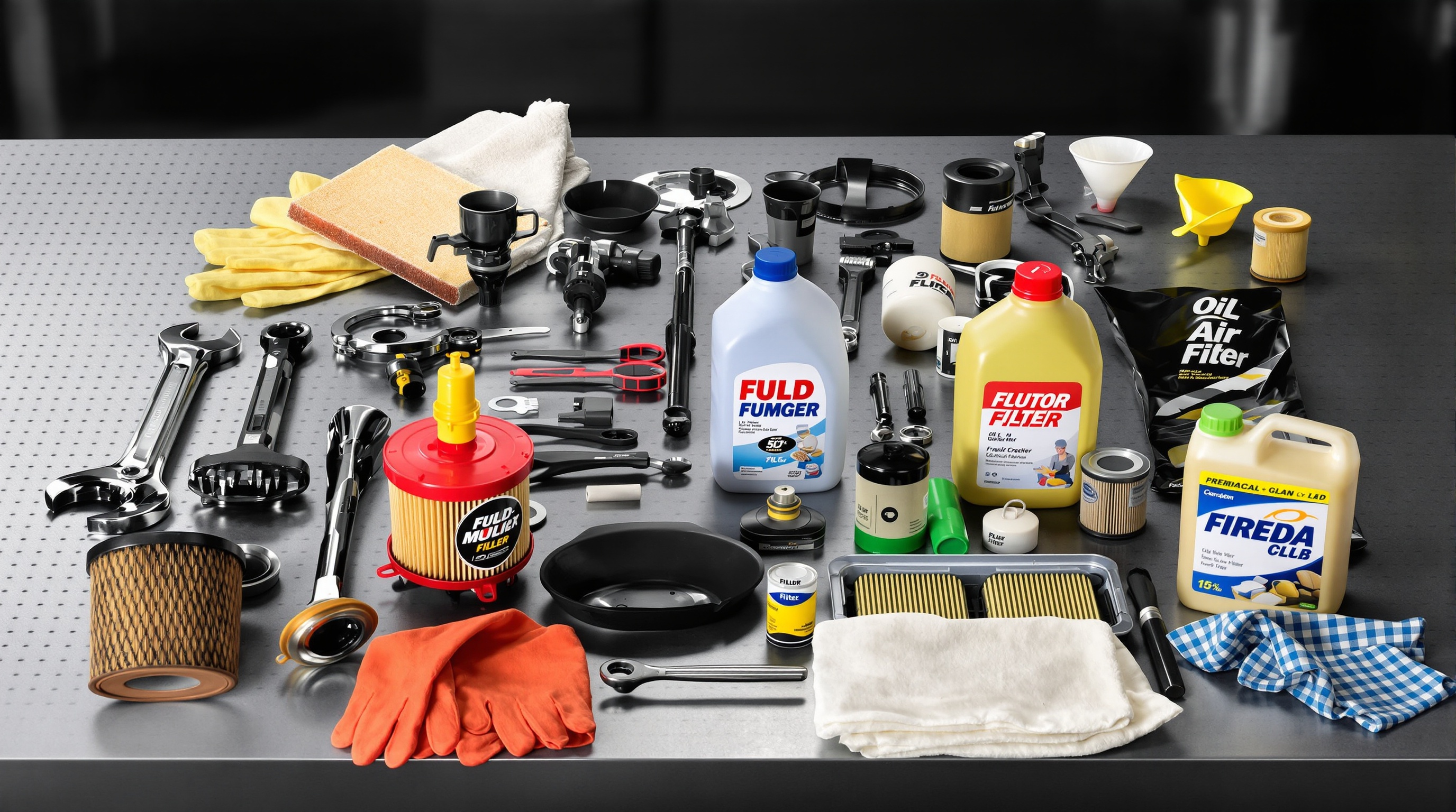 Kit complet outils et filtres pour vidange voiture sans permis posé sur un établi