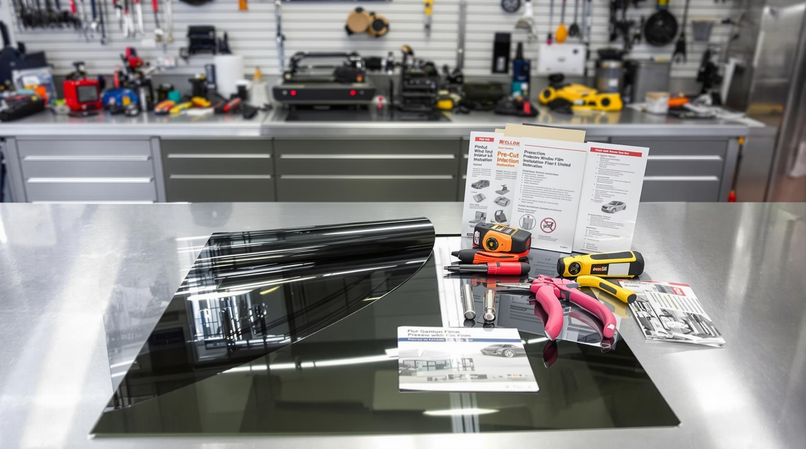 Kit complet de vitres teintées prédécoupé sur une table d'atelier.