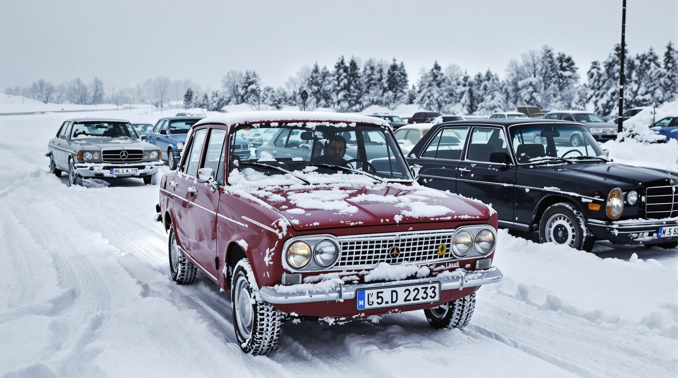 Lada Jigouli exportée en Europe sur route enneigée : robustesse sans frontières.