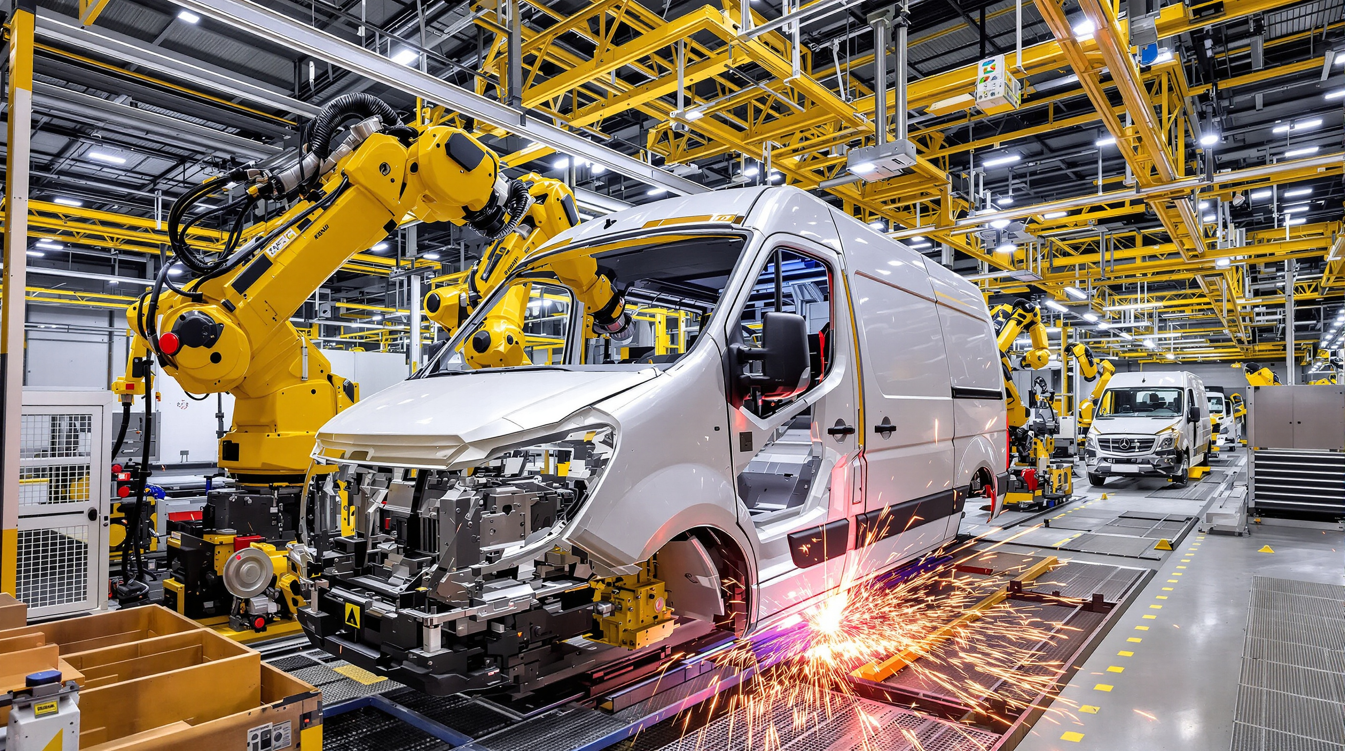 Vue impressionnante de la ligne de production robotisée de l'atelier tôlerie à l'usine Renault de Batilly (SOVAB), montrant des bras robotiques assemblant la carrosserie d'un Renault Master.