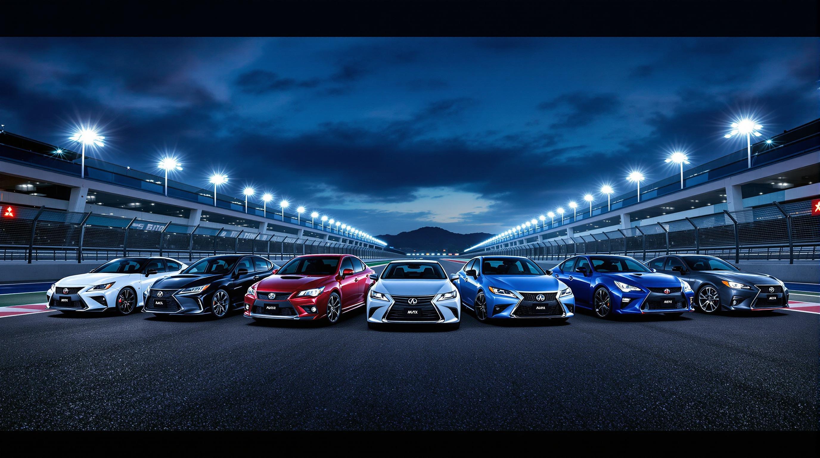 Dix voitures japonaises iconiques alignées sur un circuit high-tech au crépuscule