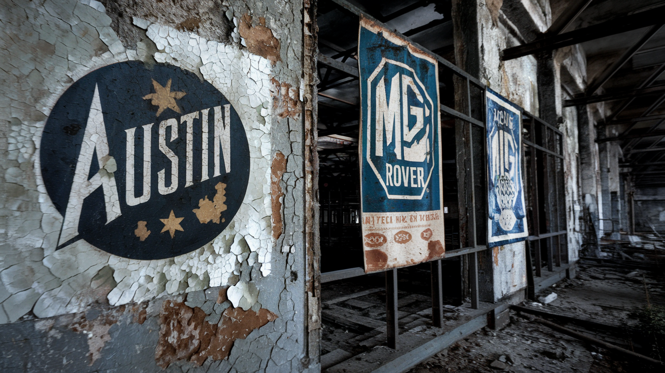 Logo Austin effacé sur mur d’usine abandonnée, affiches MG et Rover décolorées ; symbole du destin post-industriel des marques anglaises.