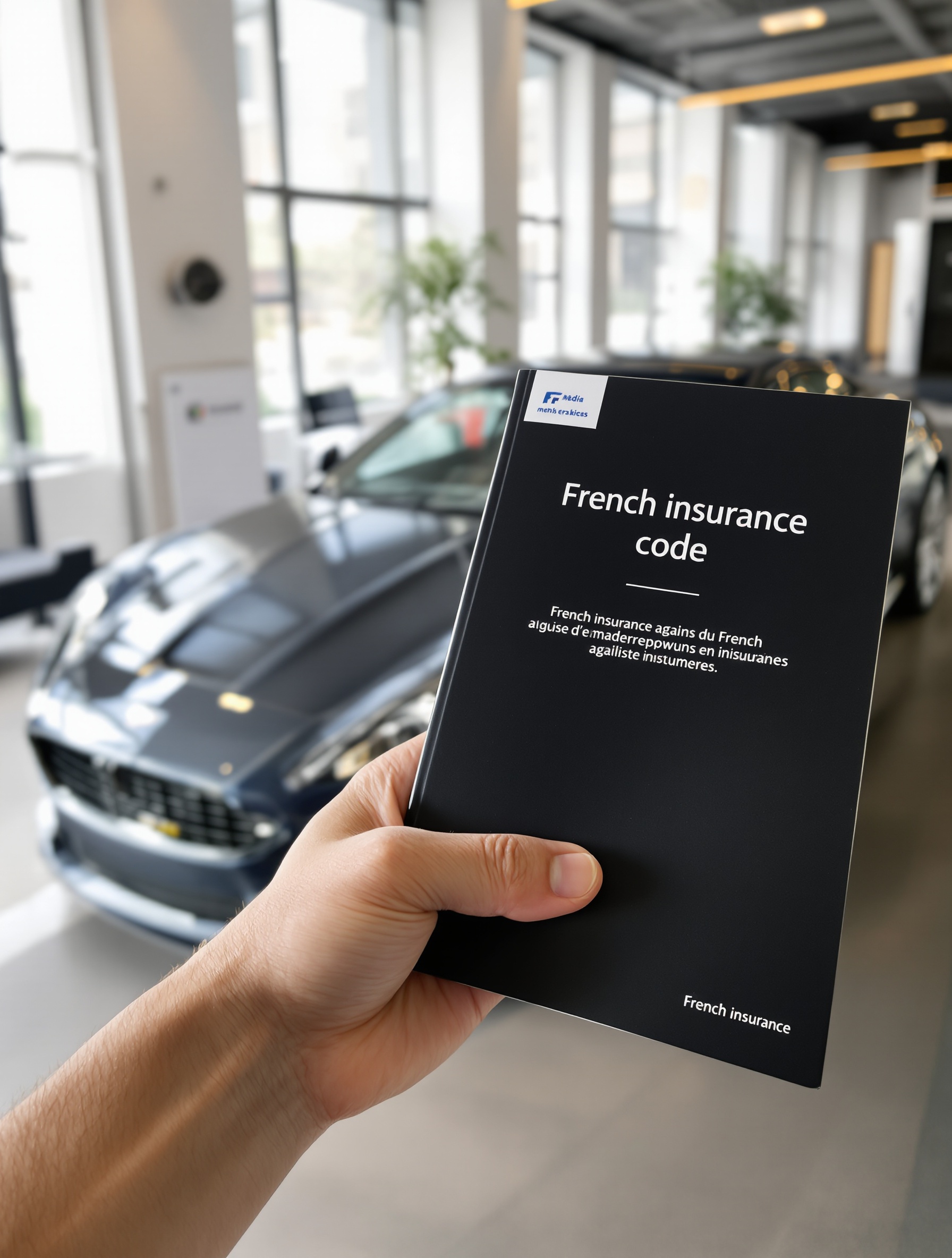 Main ferme tenant le Code des assurances, voiture et bureau d'assurance en arrière-plan