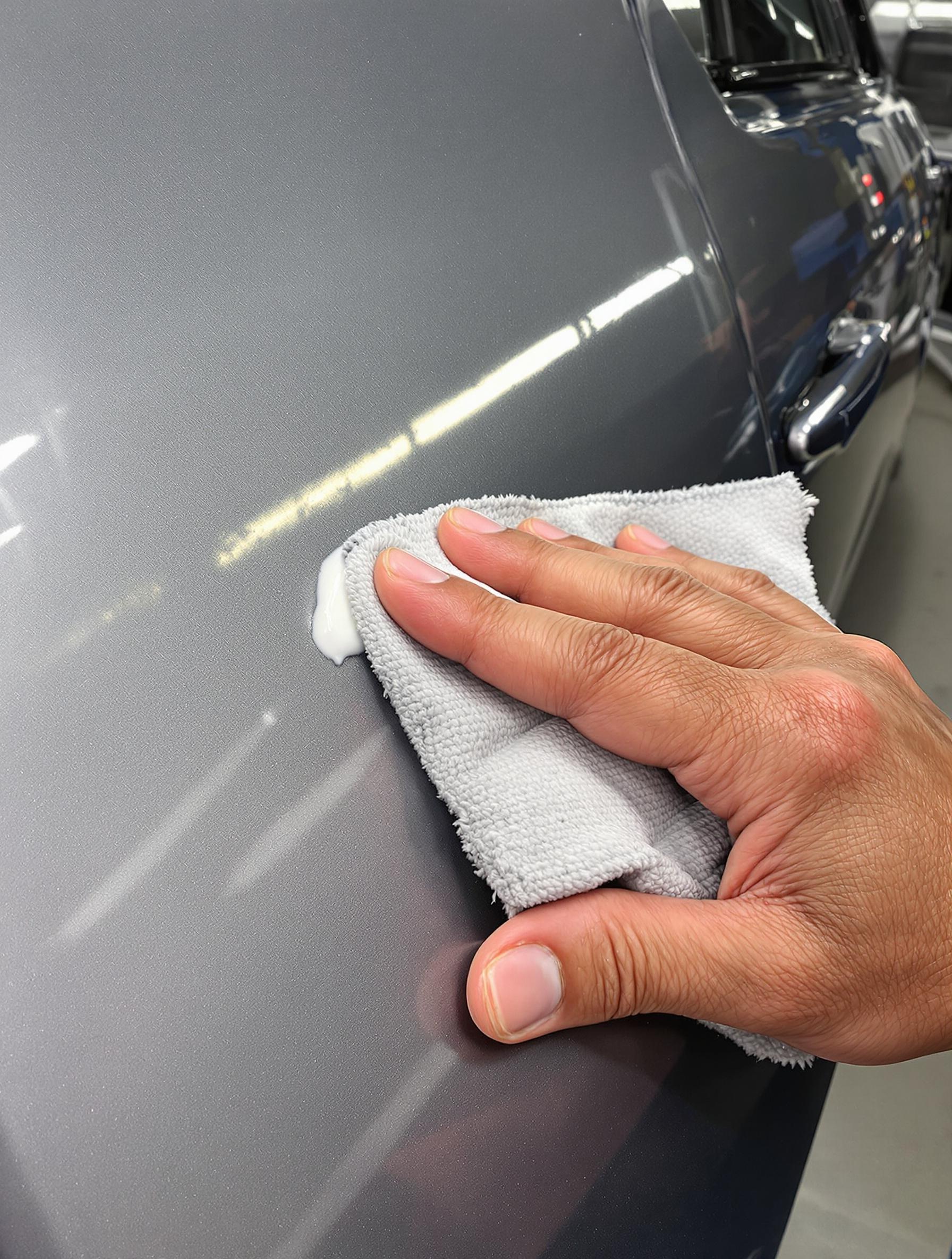 Application dentifrice blanc micro-rayure carrosserie chiffon microfibre atelier français