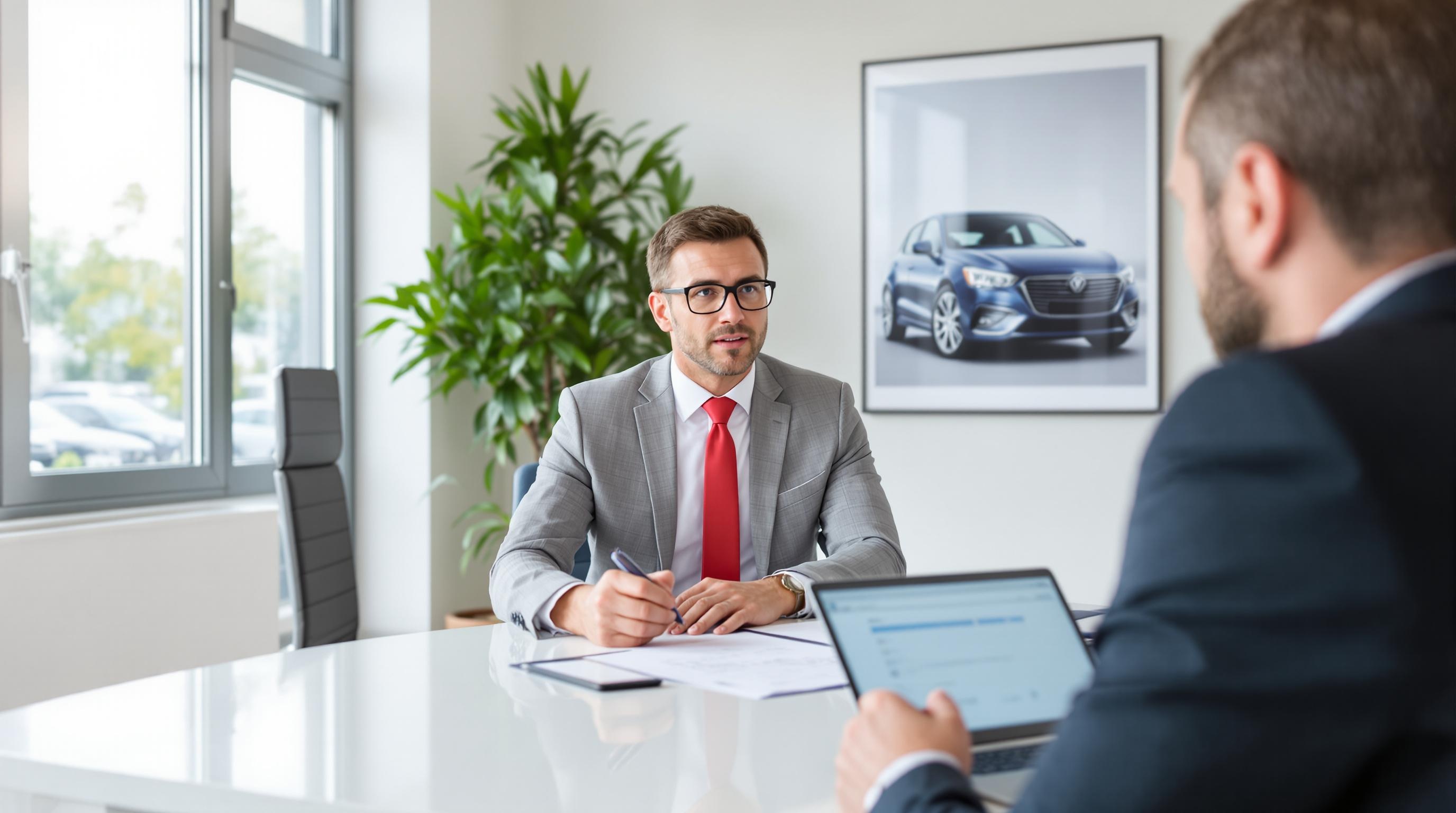 Mandataire auto négociant une voiture neuve dans un bureau