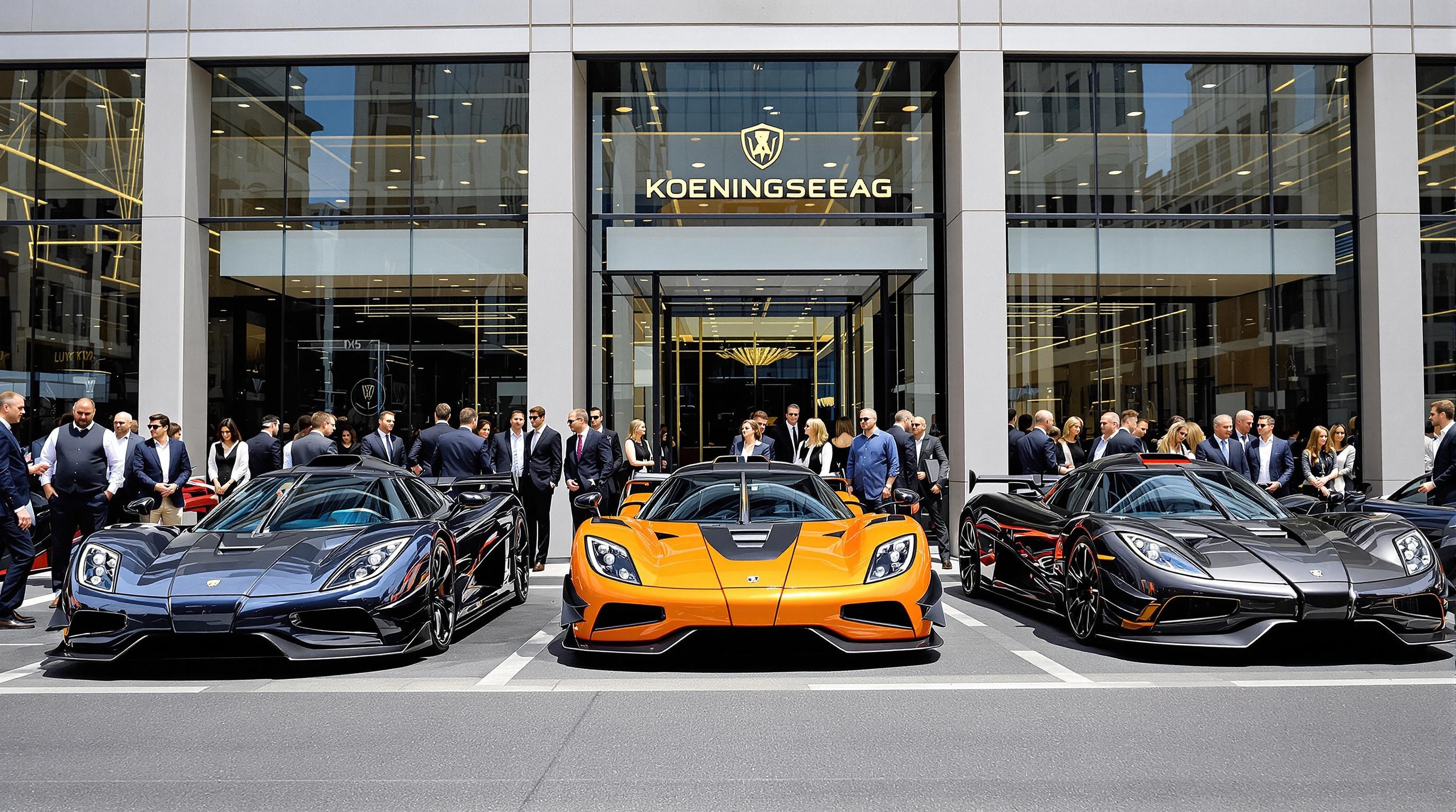 Marché de l’occasion des supercars Koenigsegg devant un showroom de luxe