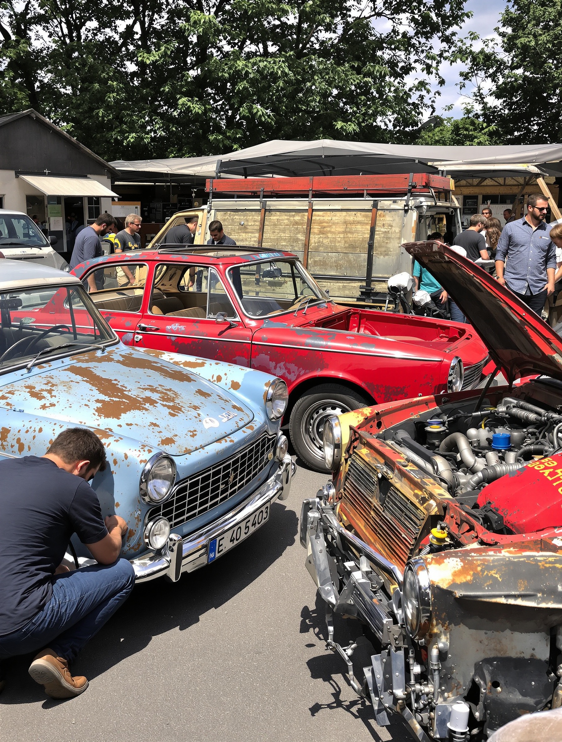 Scène typique d'un marché de l'occasion avec plusieurs Peugeot 403 alignées. Un amateur contrôle minutieusement un bas de caisse pour repérer la rouille pendant qu’un autre inspecte le moteur capot ouvert. L’ambiance est franche et populaire.