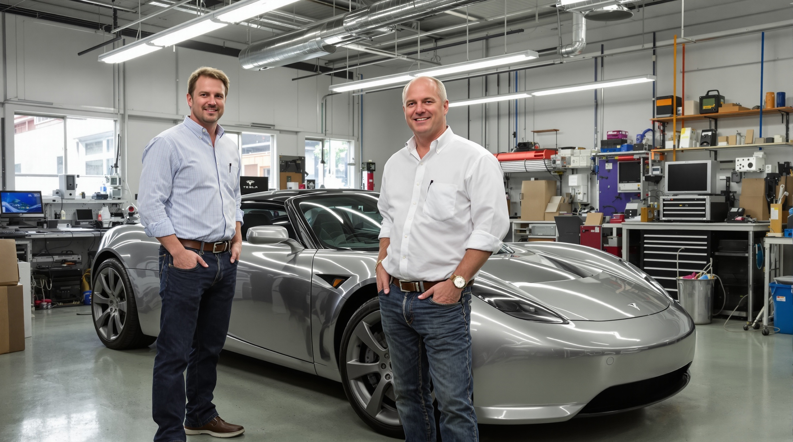 Martin Eberhard et Marc Tarpenning devant le prototype Tesla Roadster