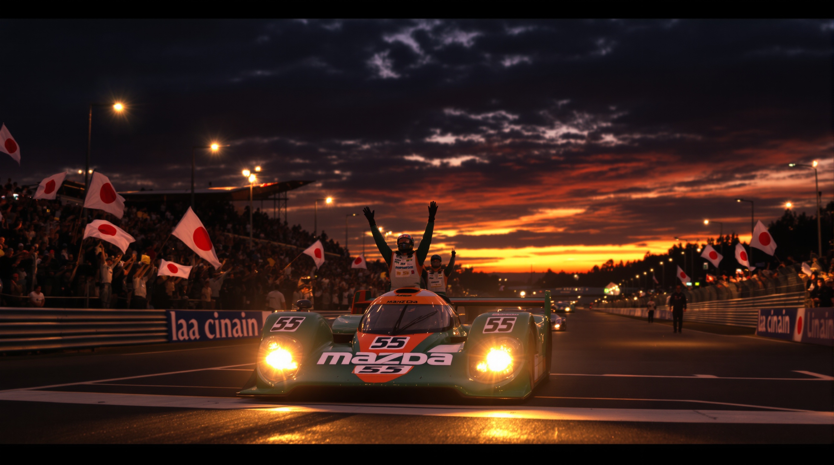 Mazda 787B n°55 franchissant la ligne d’arrivée des 24 Heures du Mans 1991, crépuscule sur circuit, pilotes debout sur la voiture, drapeaux japonais et foule euphorique en arrière-plan.