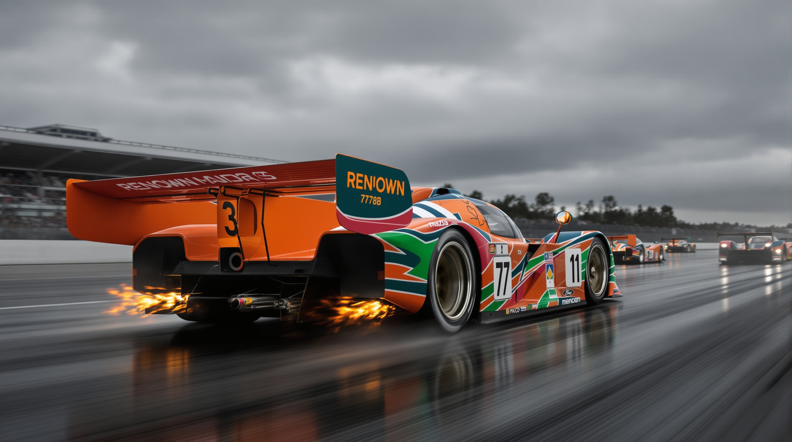 Mazda 787B en action sur le circuit du Mans sous ciel gris typique sarthois, silhouette agressive large et basse aux couleurs orange-vert Renown, flammes à l’échappement et prototypes concurrents en fond