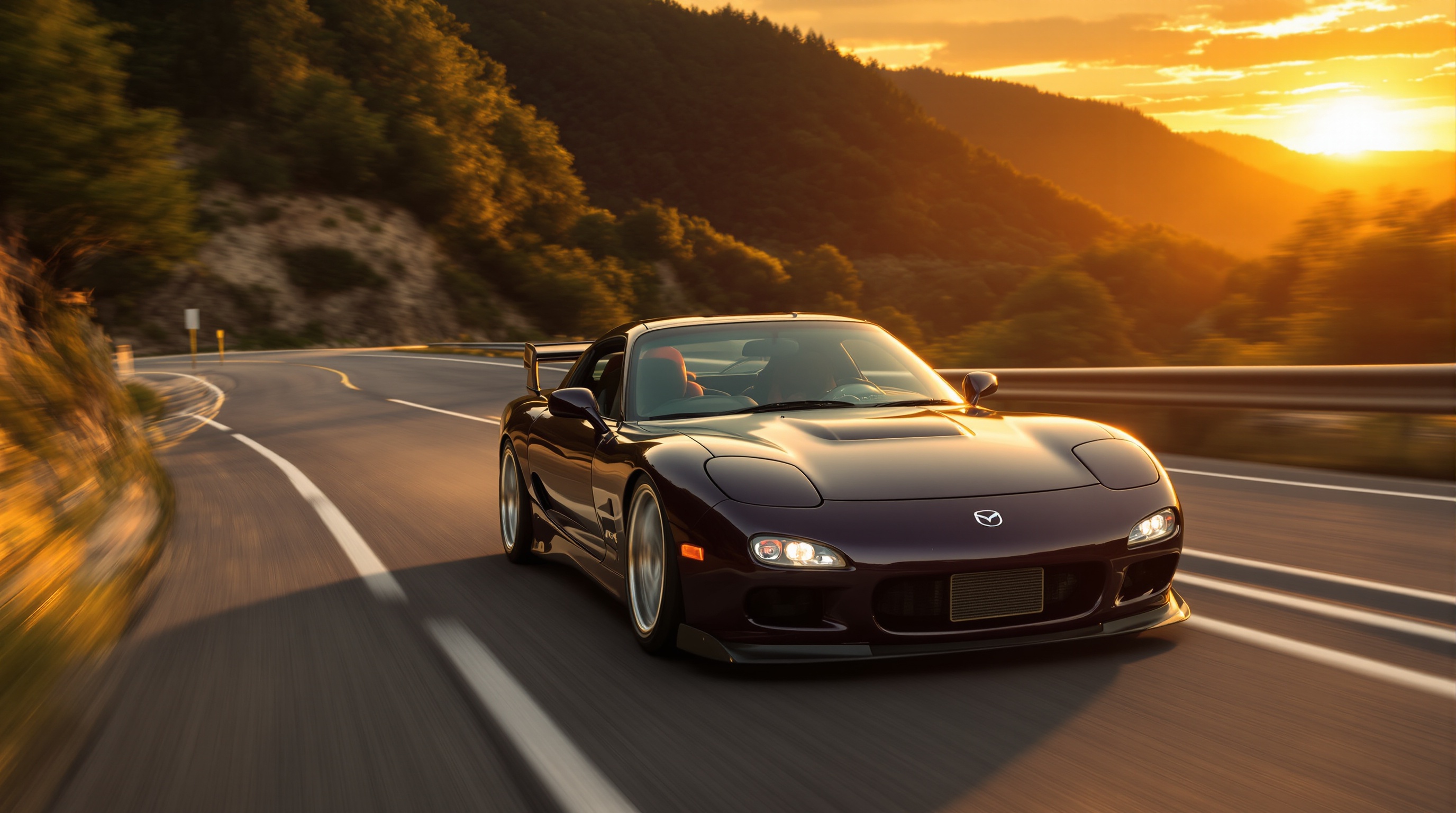 Mazda RX-7 FD3S coupé emblématique sur route sinueuse au coucher de soleil