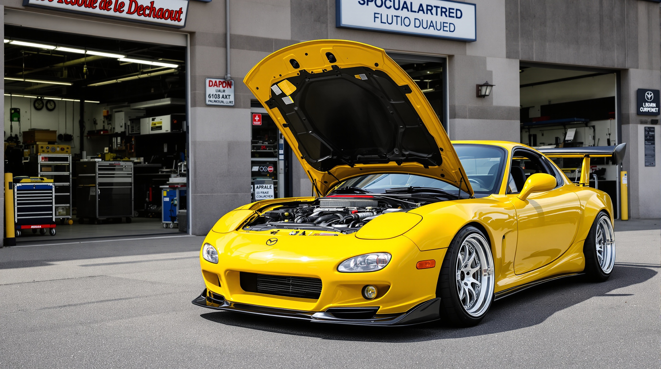 Inspection mécanique Mazda RX-7 FD3S capot ouvert pré-achat