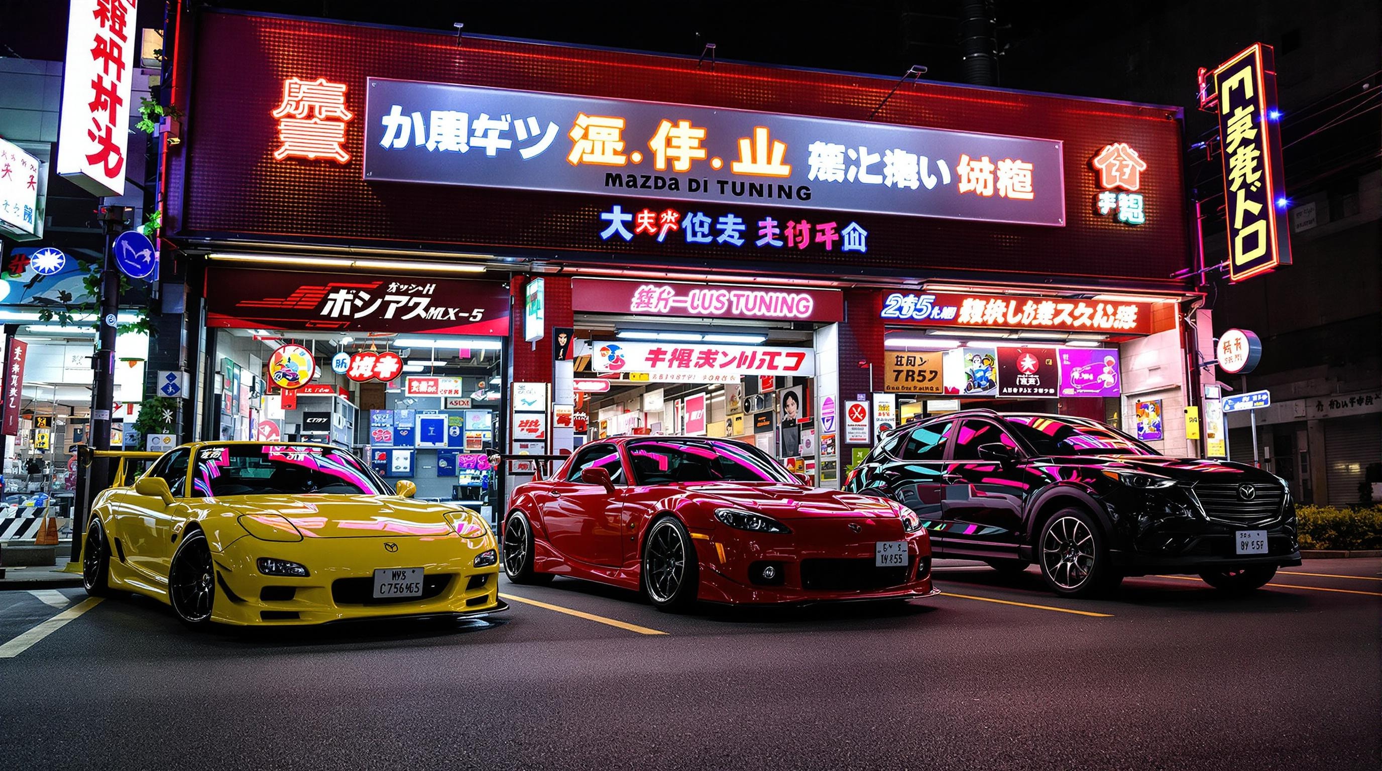 Mazda MX-5, CX-5 et RX-7 Wankel dans un garage tuning de nuit