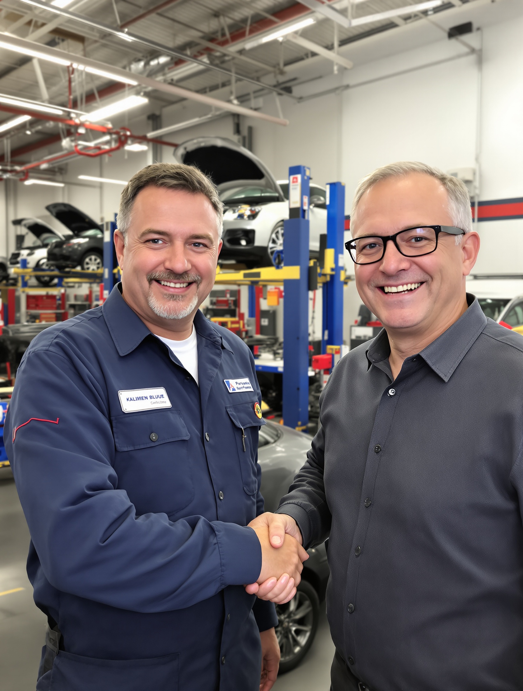 Un mécanicien satisfait serre la main de son employeur dans un garage bien éclairé, symbolisant un contrat de travail solide renforcé par une bonne mutuelle CCN automobile.