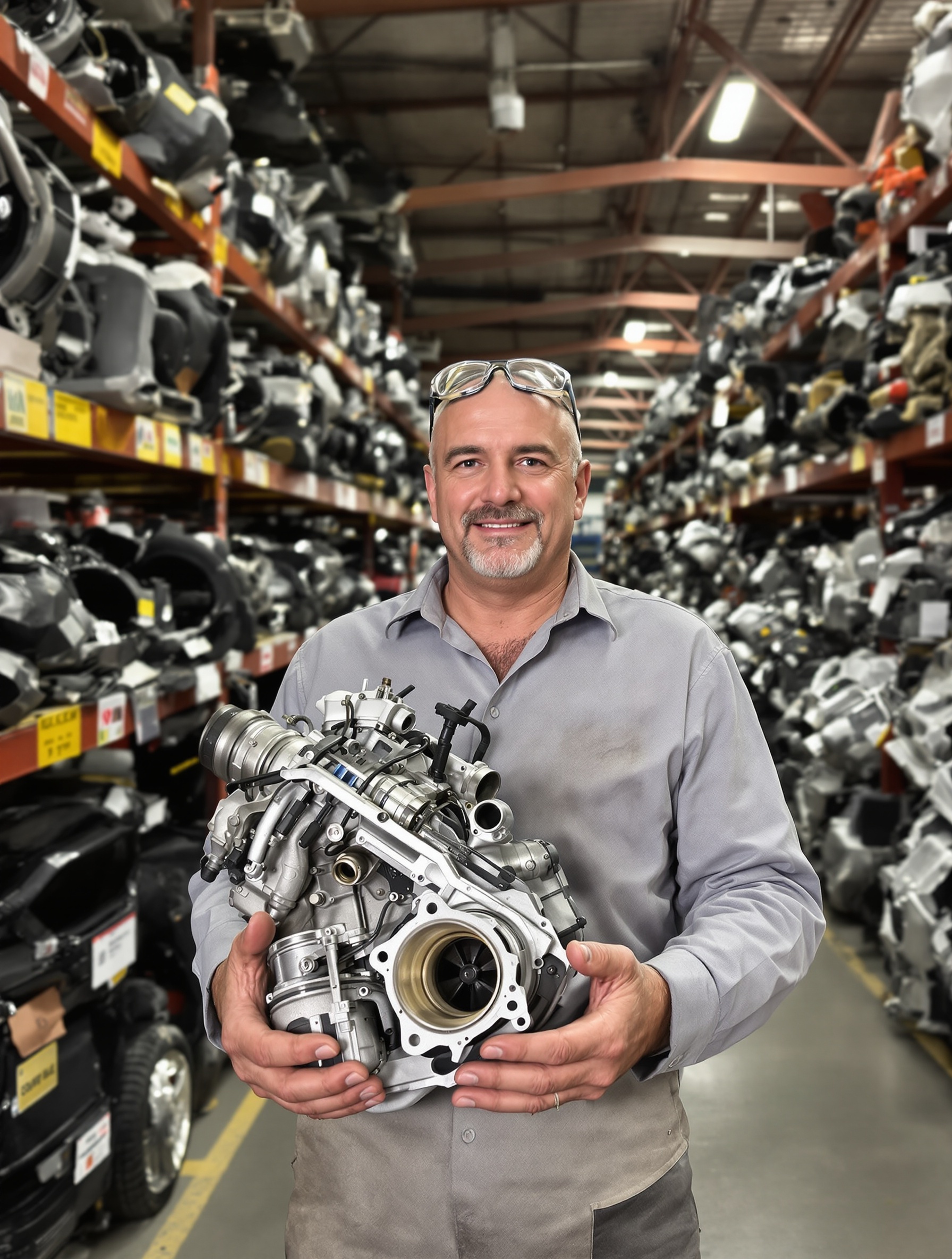 mécanicien expert fièrement au centre d'une casse auto moderne, tient une pièce rare d'une main