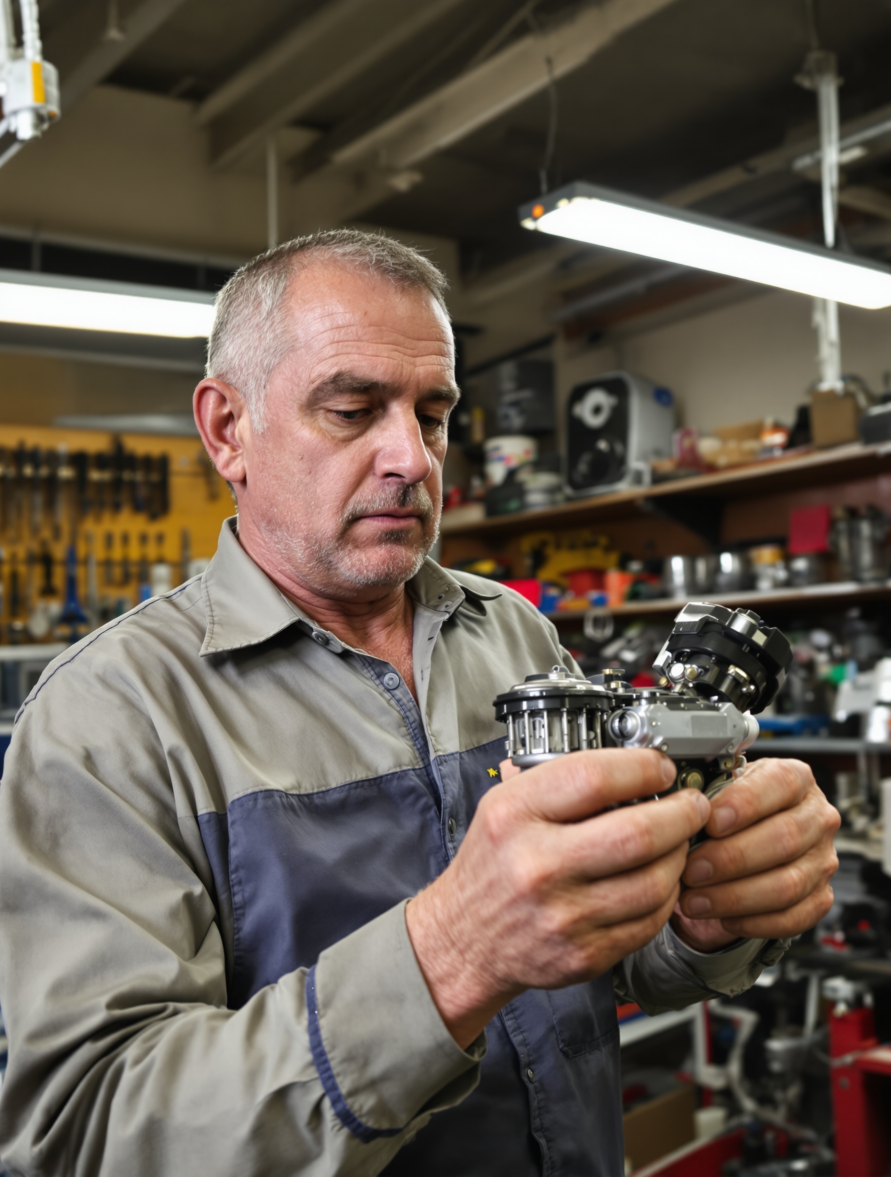 Mécanicien expert inspectant un variateur de voiture sans permis dans un garage authentique.