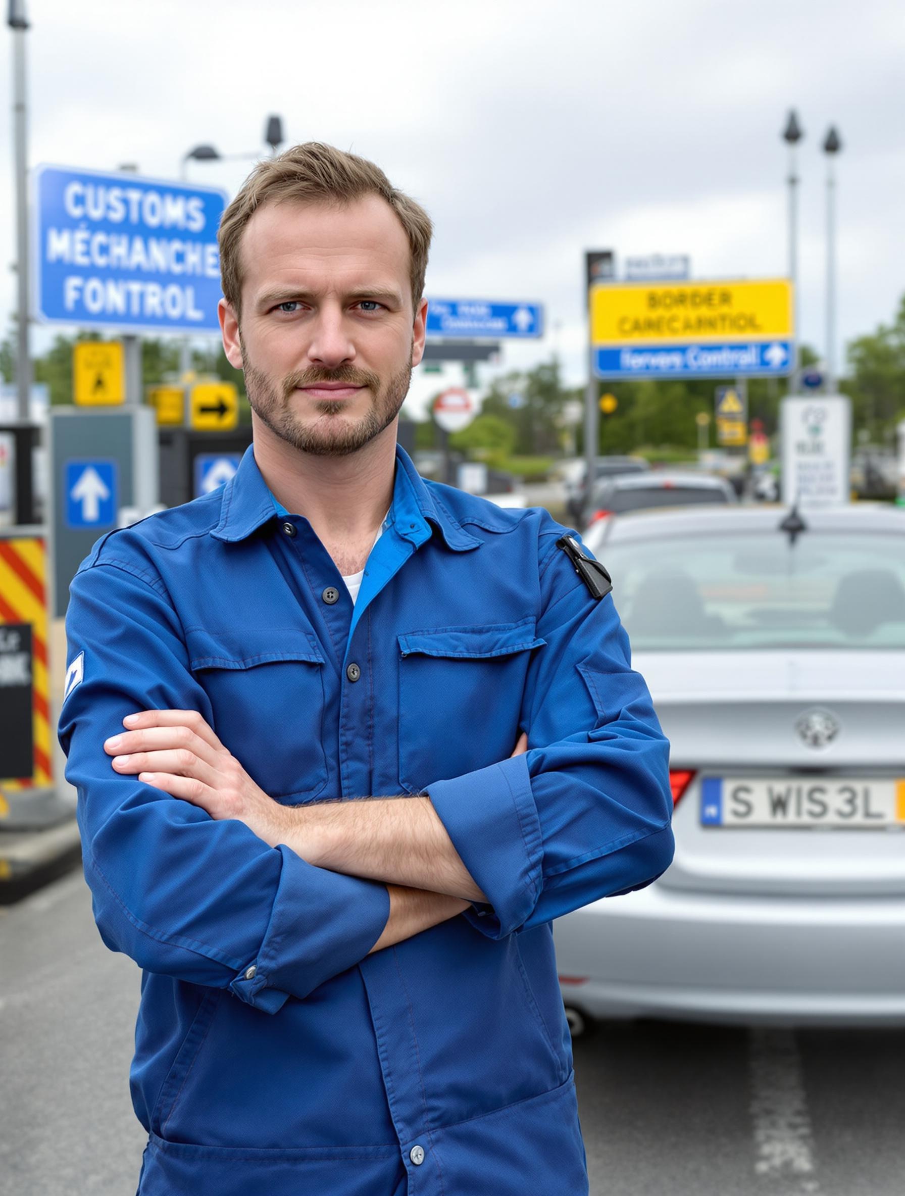 Un mécano français devant une voiture suisse arrêtée à la frontière, avec une ambiance tendue, des papiers en main et des panneaux douaniers en arrière-plan.