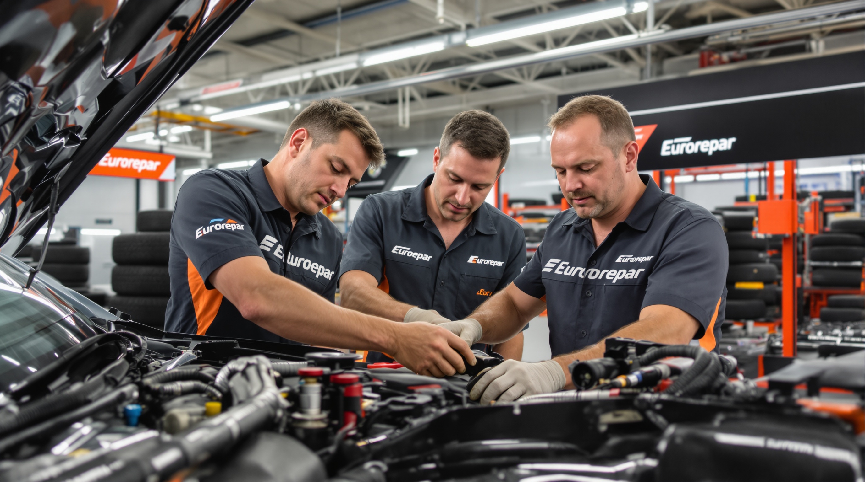 Vue intérieure d'atelier Auto Service Baudry, mécanos à l'œuvre, logos Eurorepar et parc de pneus.