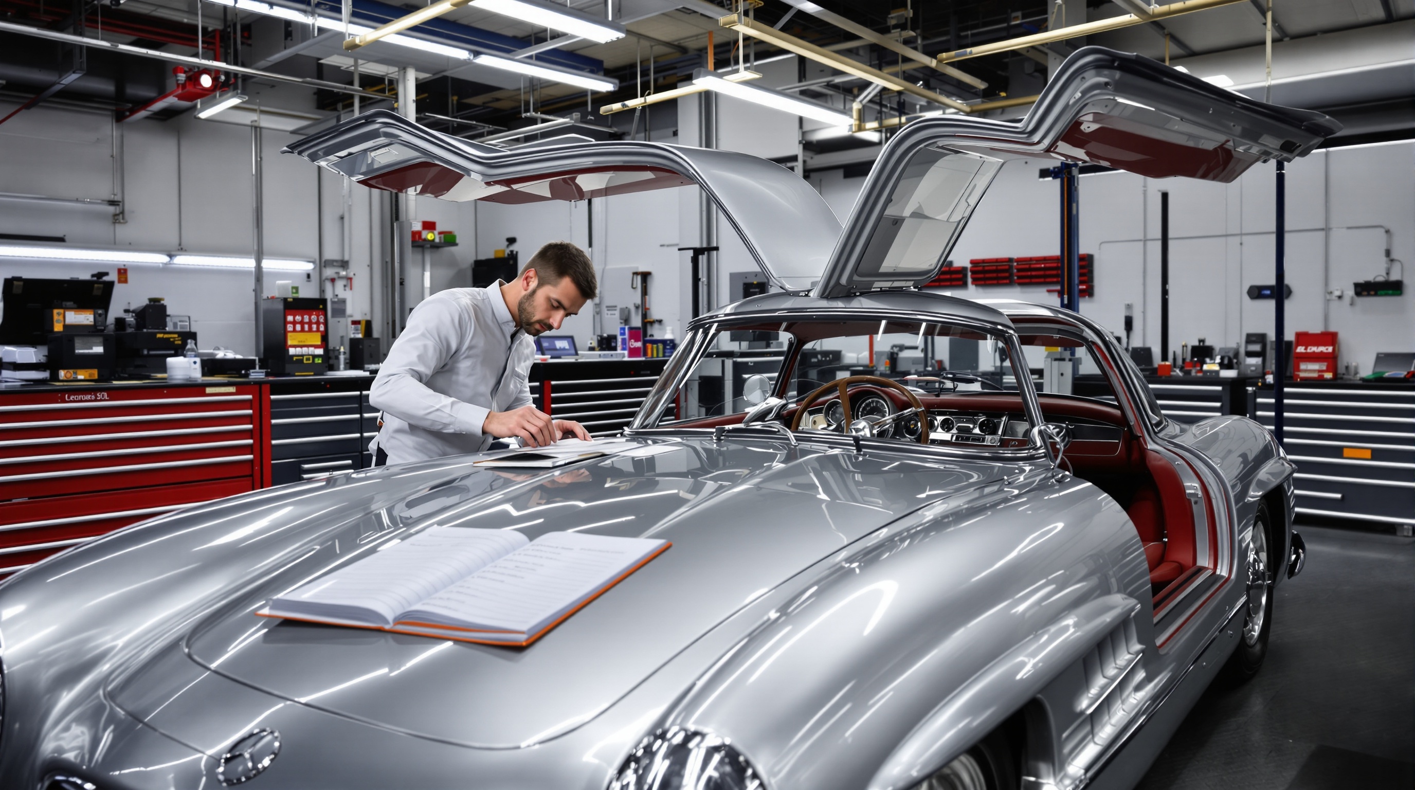 Inspection experte Mercedes 300 SL Gullwing dans un garage spécialisé