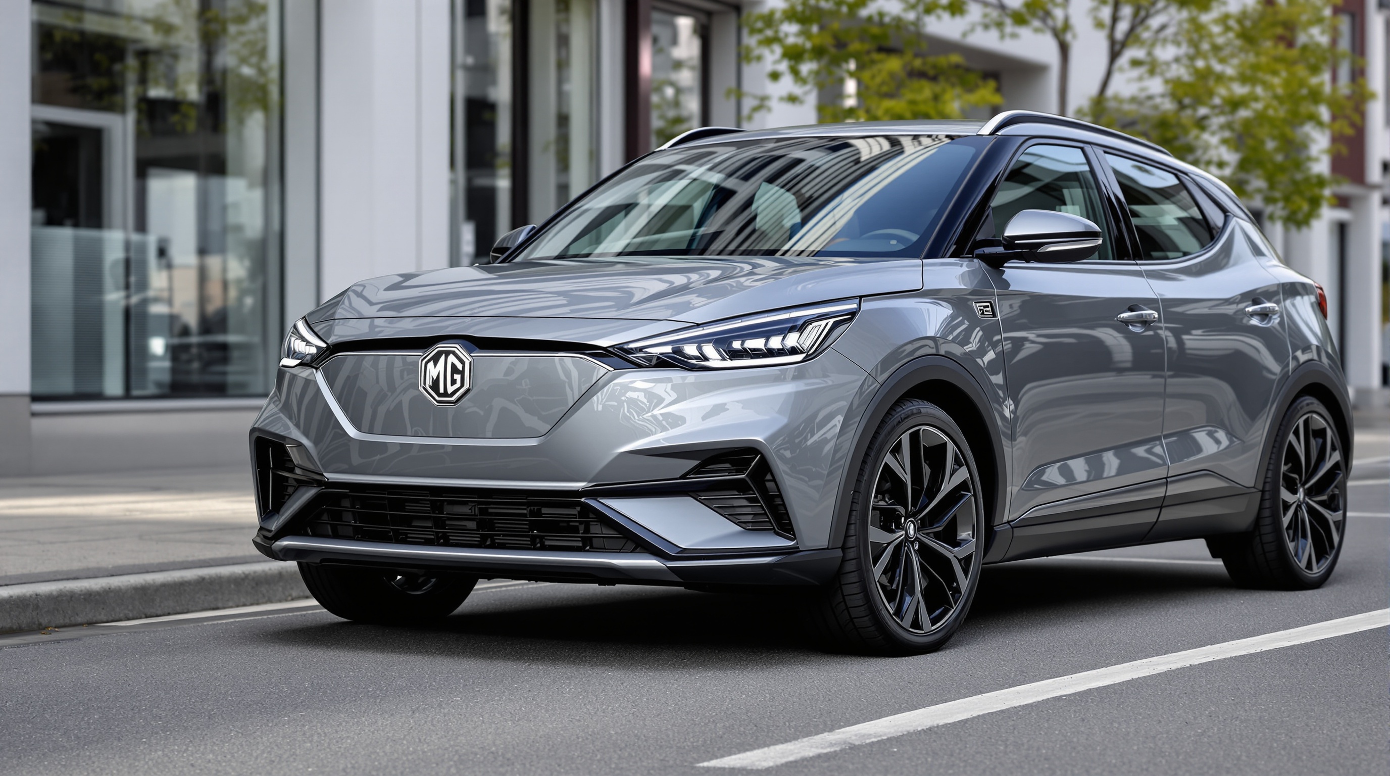 Vue trois quarts avant MG4 électrique, lignes tendues et feux LED distinctifs