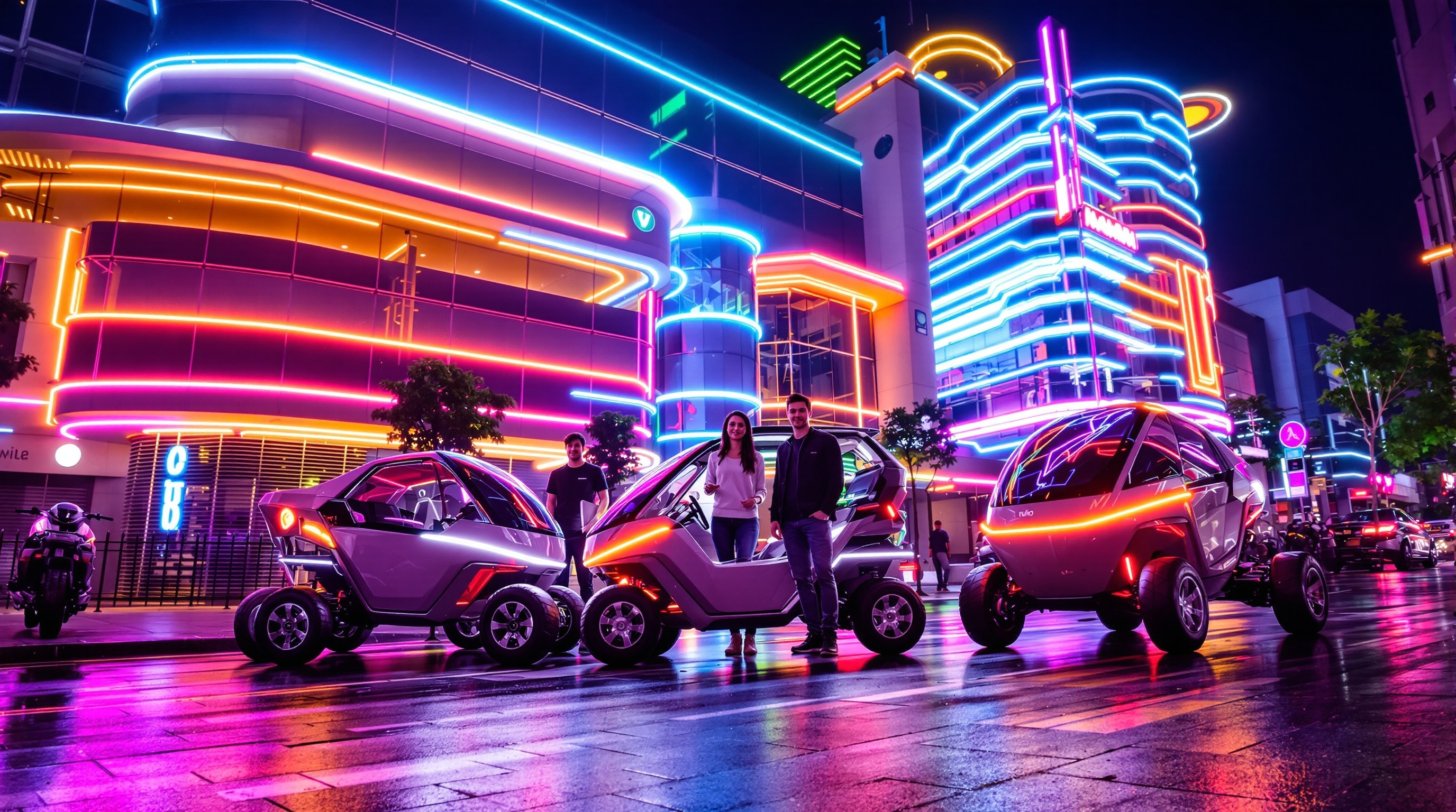 Mini-bolides électriques futuristes, jeunes conducteurs dans une métropole innovante, ambiance urbaine nocturne.