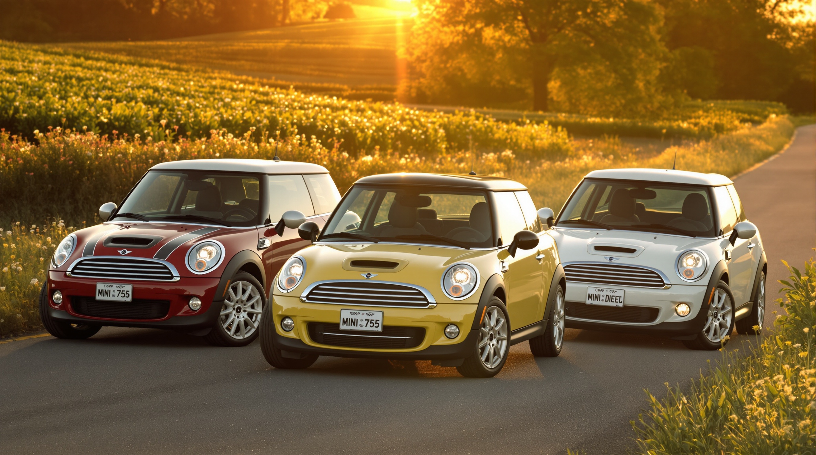 gamme mini cooper r56 essence thp diesel alignées sur route de campagne