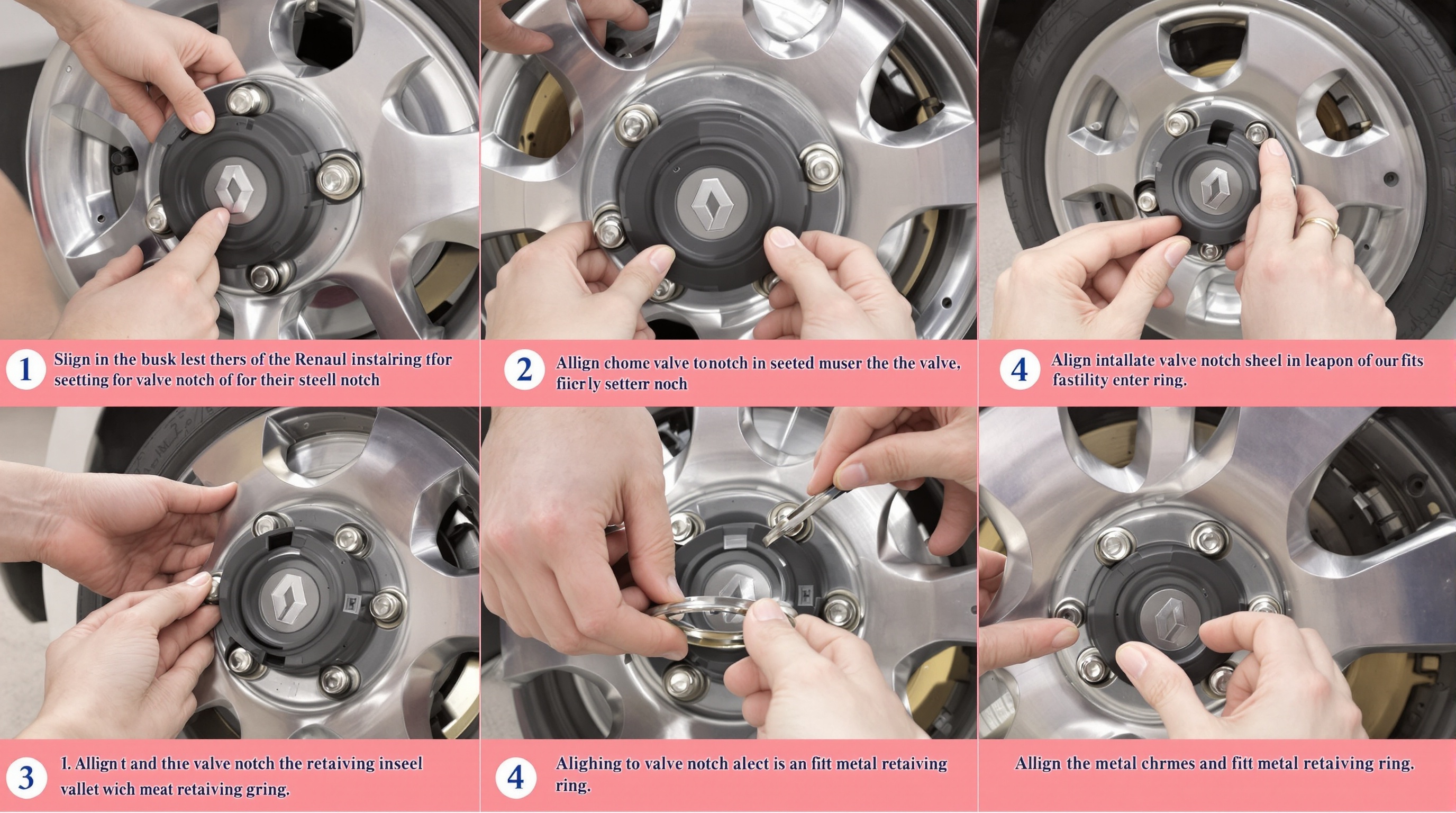 Tutoriel visuel montage enjoliveur Renault étape par étape.