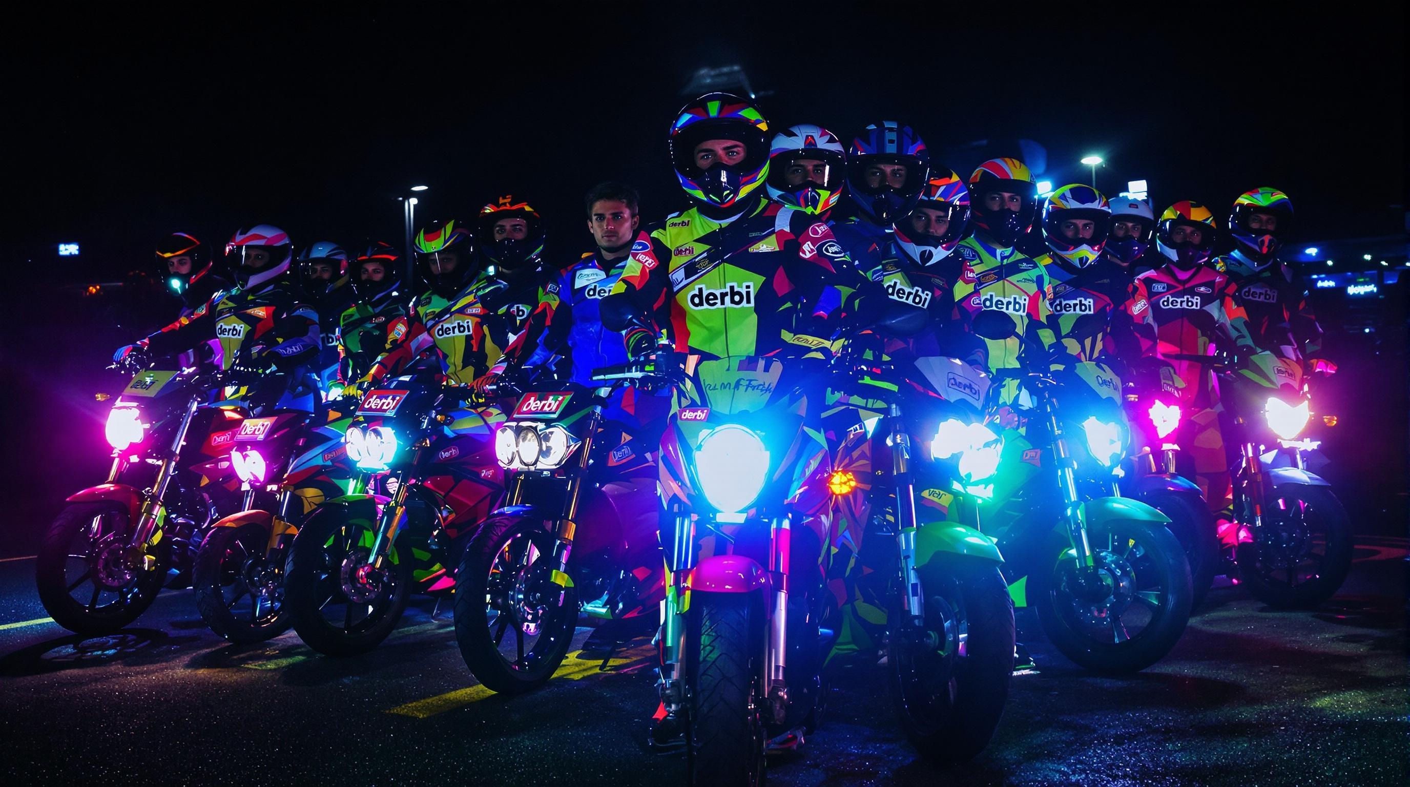Groupe de jeunes pistards Derbi 50cc en tenues racing urbaines
