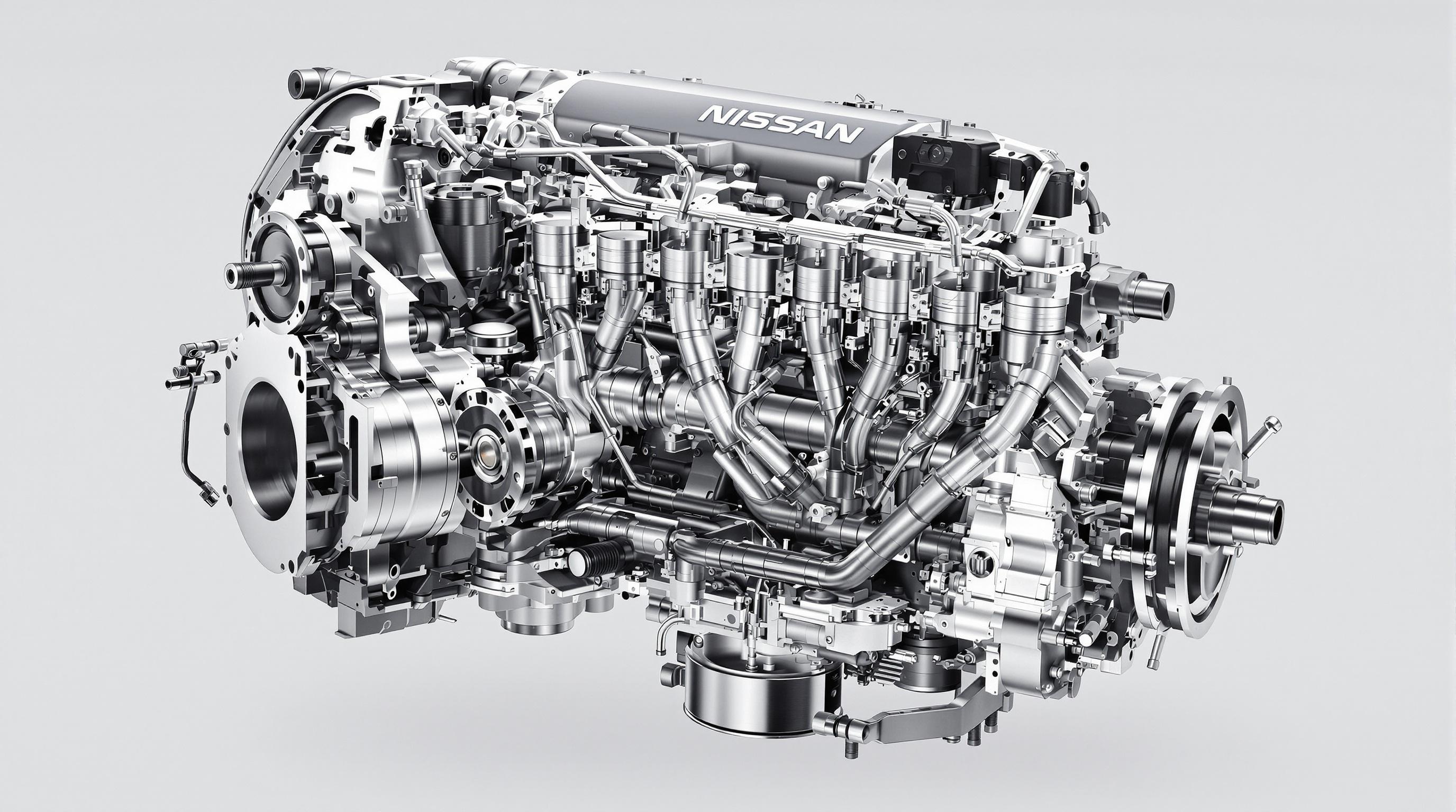 Moteur Nissan moderne avec composants internes détaillés.