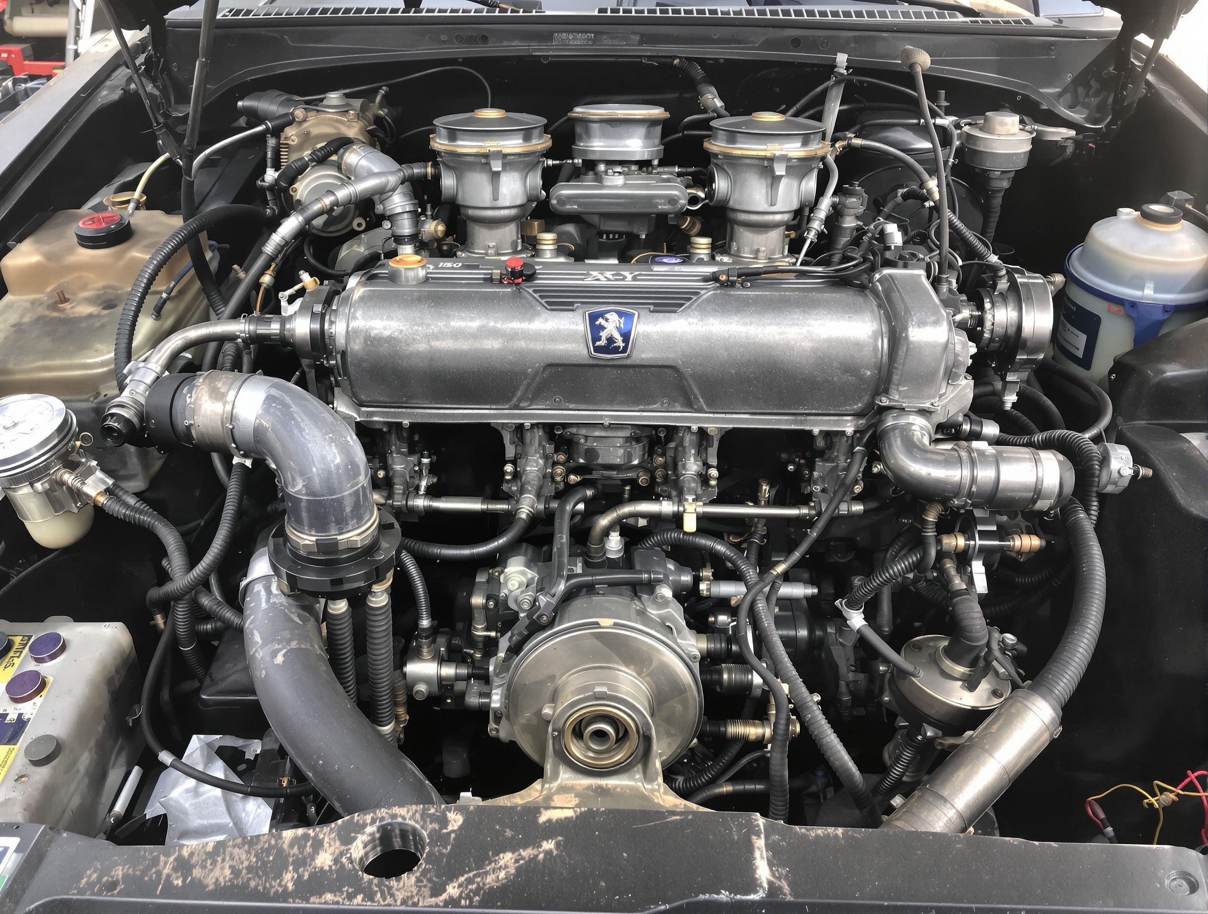 Gros plan sur le moteur Peugeot XY 1360 cm³ de la 104 ZS2, avec ses carburateurs double corps, vilebrequin forgé et culasse en aluminium.