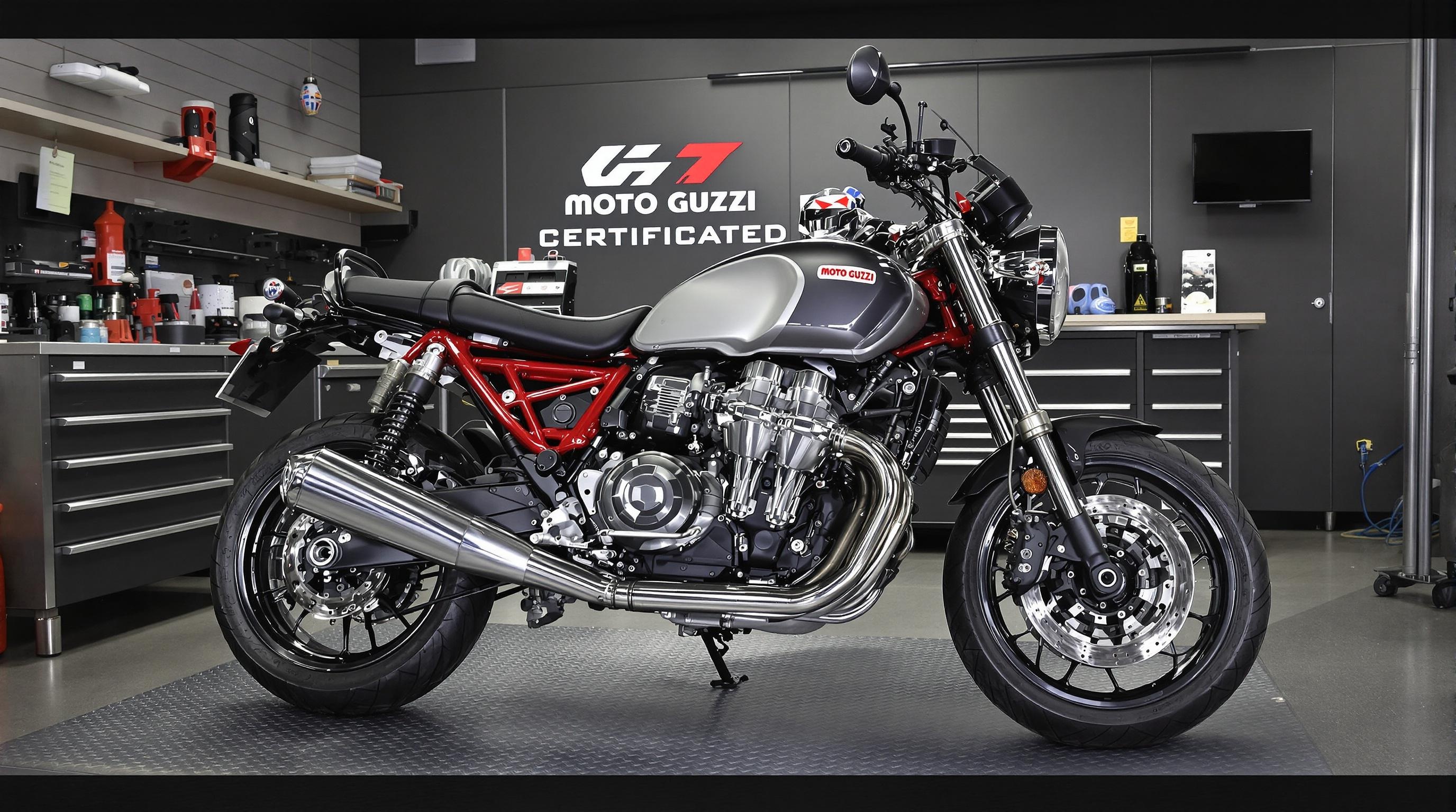 Moto Guzzi V7 d'occasion dans un garage certifié, carnet d'entretien visible et poste de contrôle technique sobre.