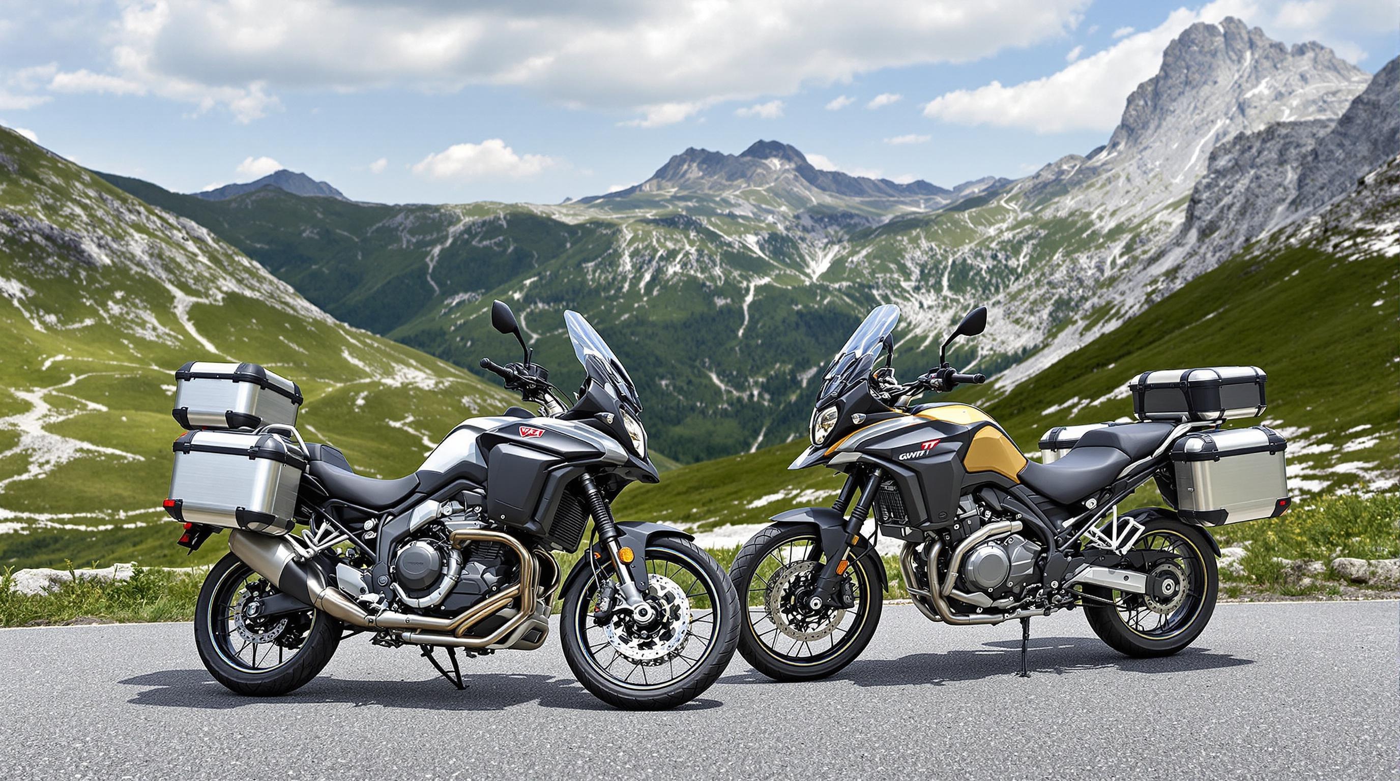 Moto Guzzi V85 TT et Strada posées dans les Alpes, esprit aventure