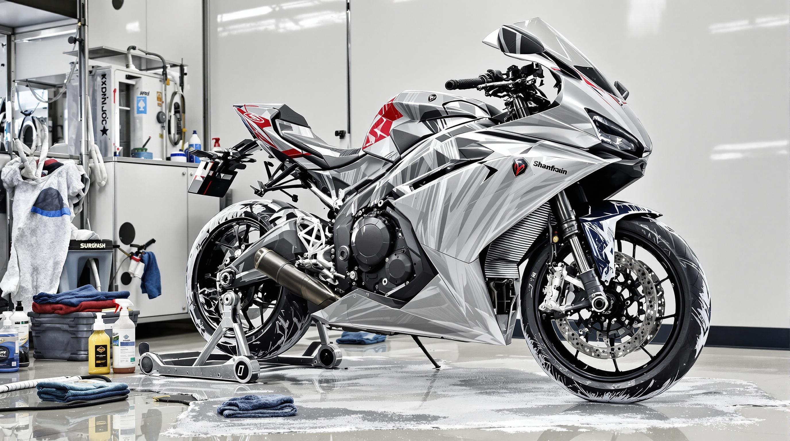 Moto haut de gamme sur béquille nettoyée shampoing doux covering